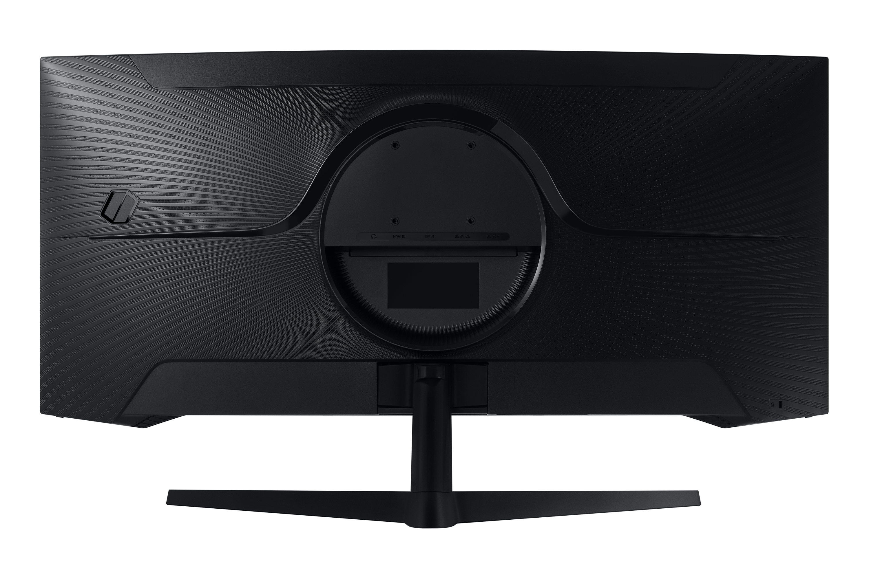 Tył czarnego monitora z teksturowanym wzorem i portami.