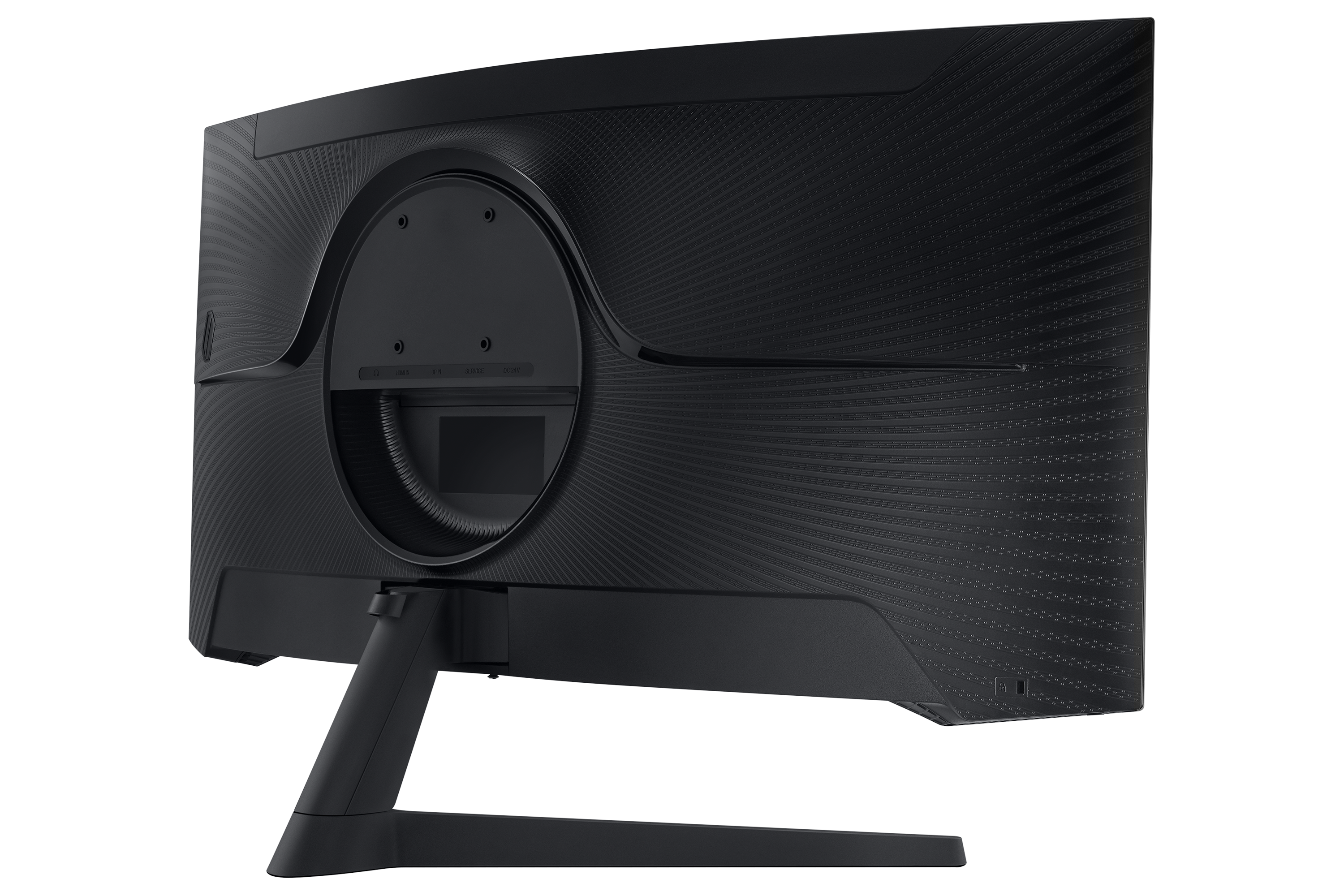 Tył czarnego monitora ze stojakiem i portami.