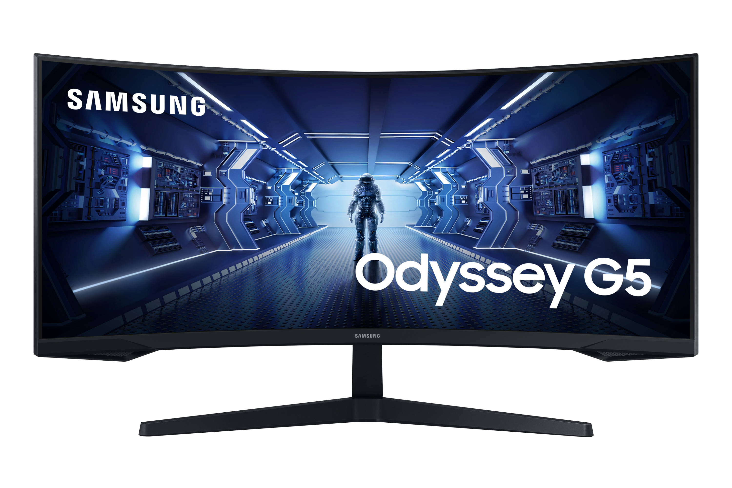 Astronauta w futurystycznym korytarzu oświetlonym na niebiesko. Samsung Odyssey G5.