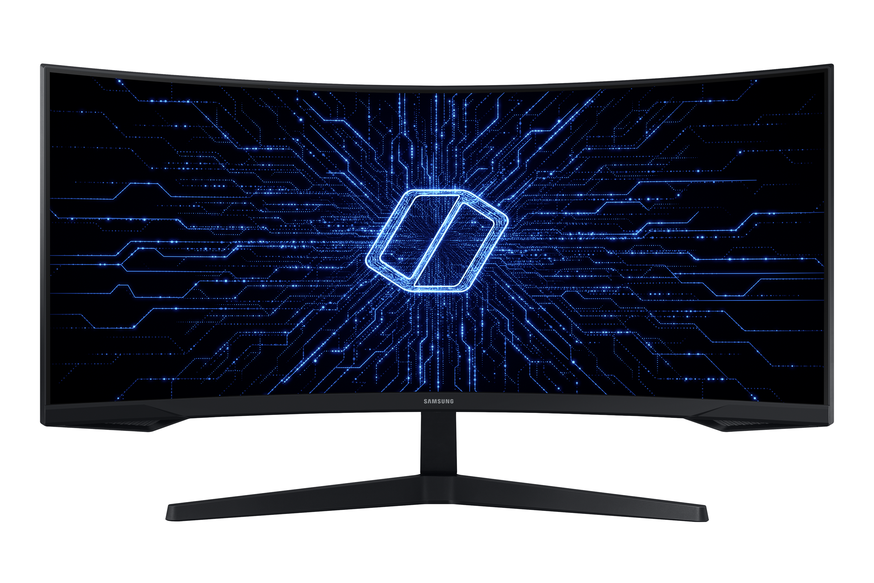 Zakrzywiony monitor Samsung wyświetla niebieski cyfrowy wzór obwodu.