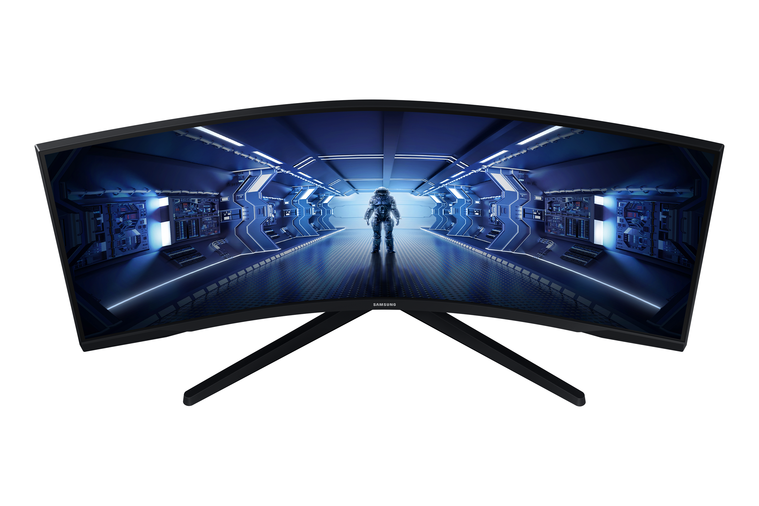 Astronauta stoi w futurystycznym, niebiesko oświetlonym korytarzu z detalami technicznymi.