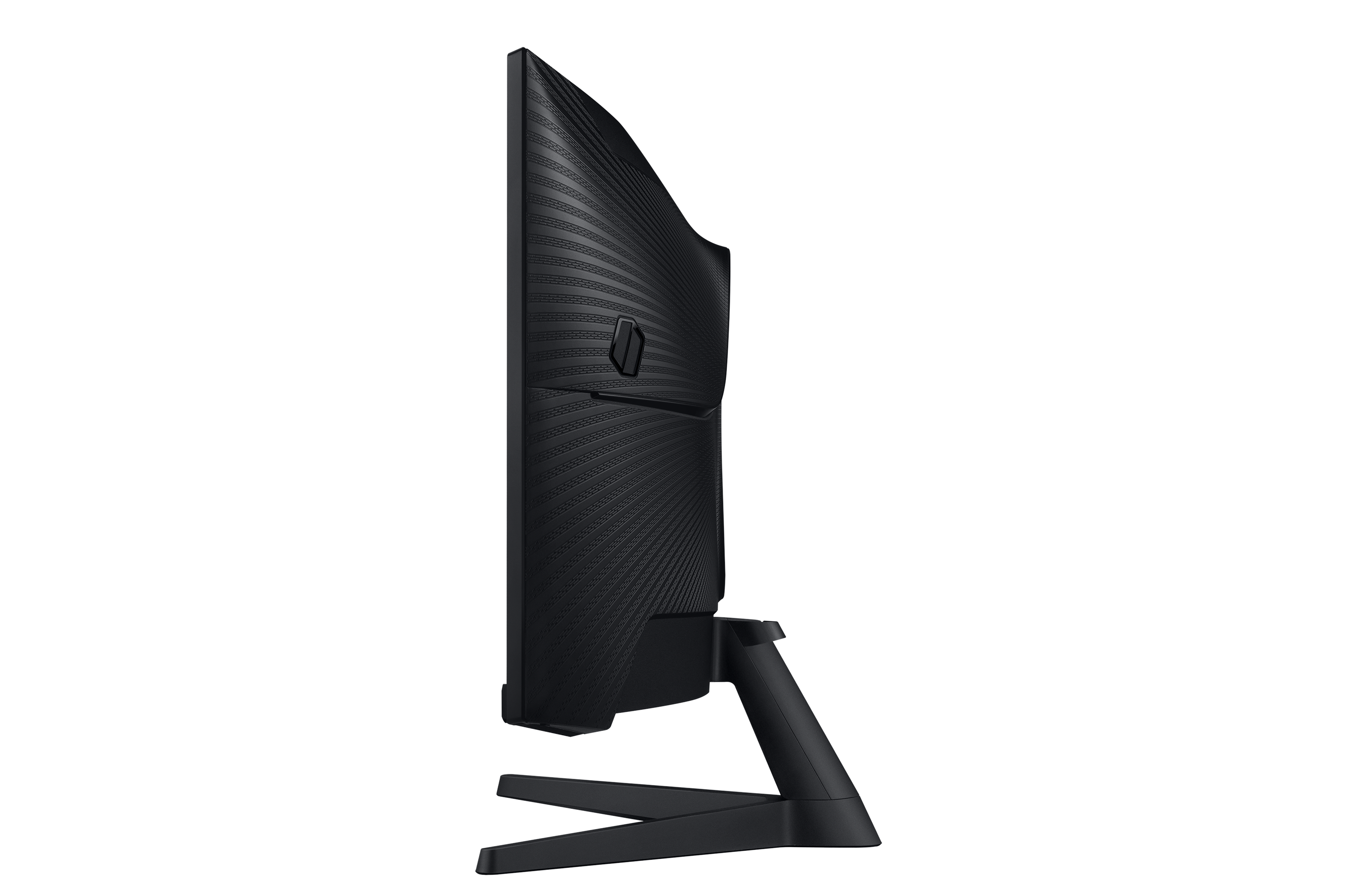 Czarny monitor w profilu z teksturowanym tyłem i stojakiem w kształcie litery V.