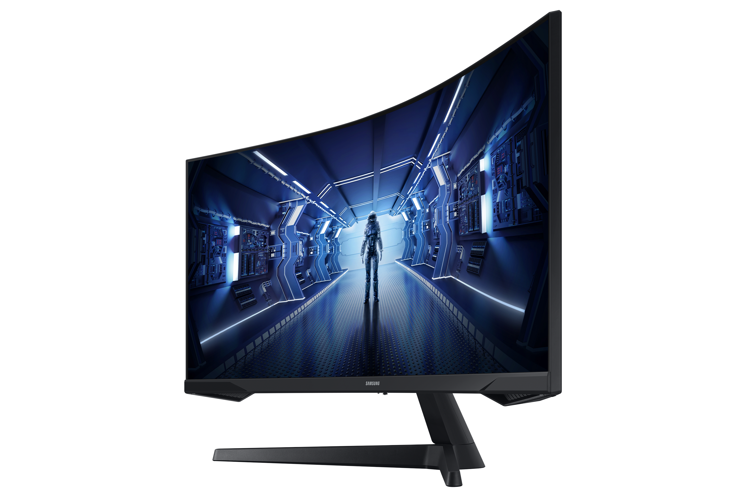 Astronauta stoi w futurystycznym, niebiesko oświetlonym korytarzu z technicznymi panelami ściennymi.