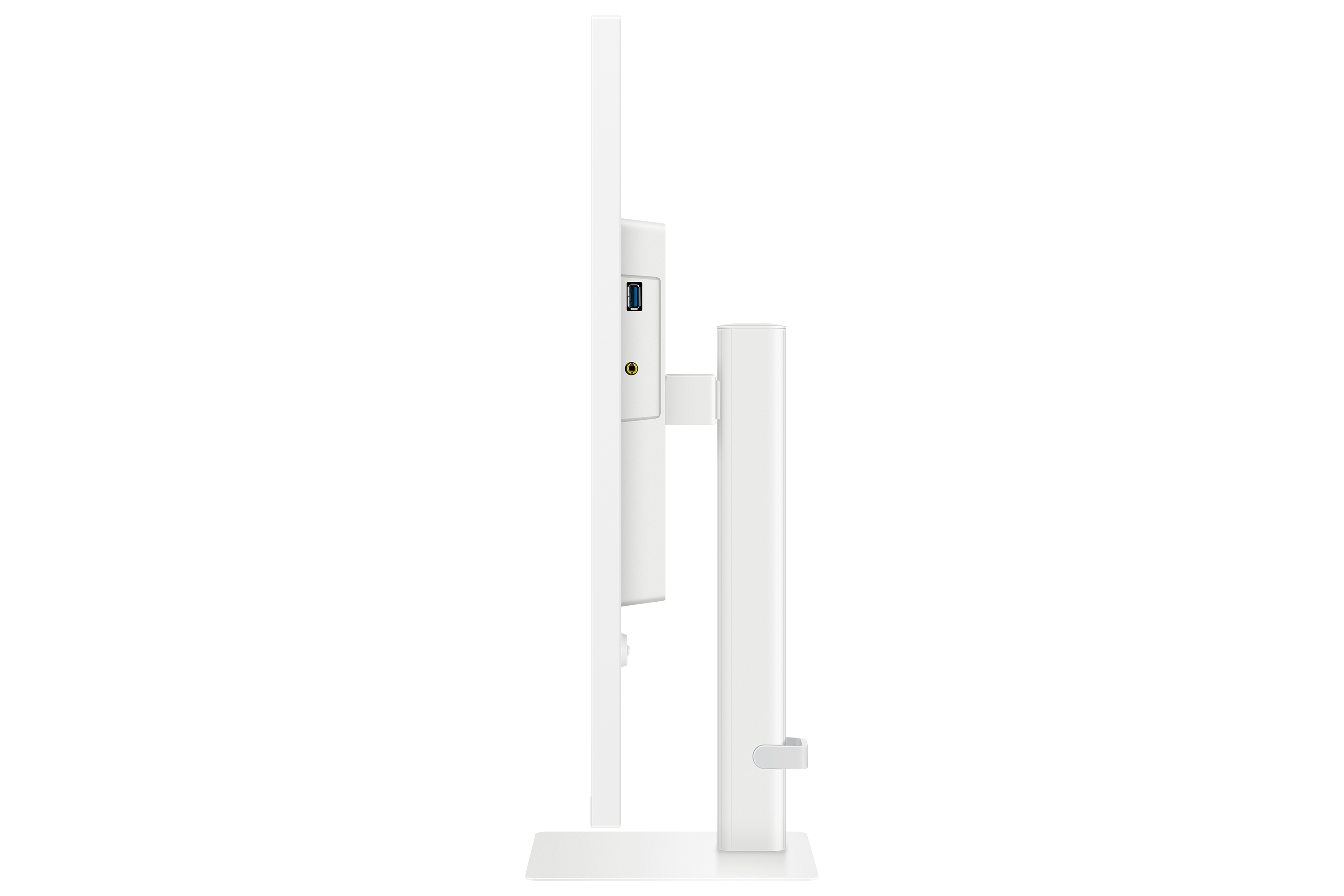 Biały monitor z boku, pokazujący porty USB i audio.