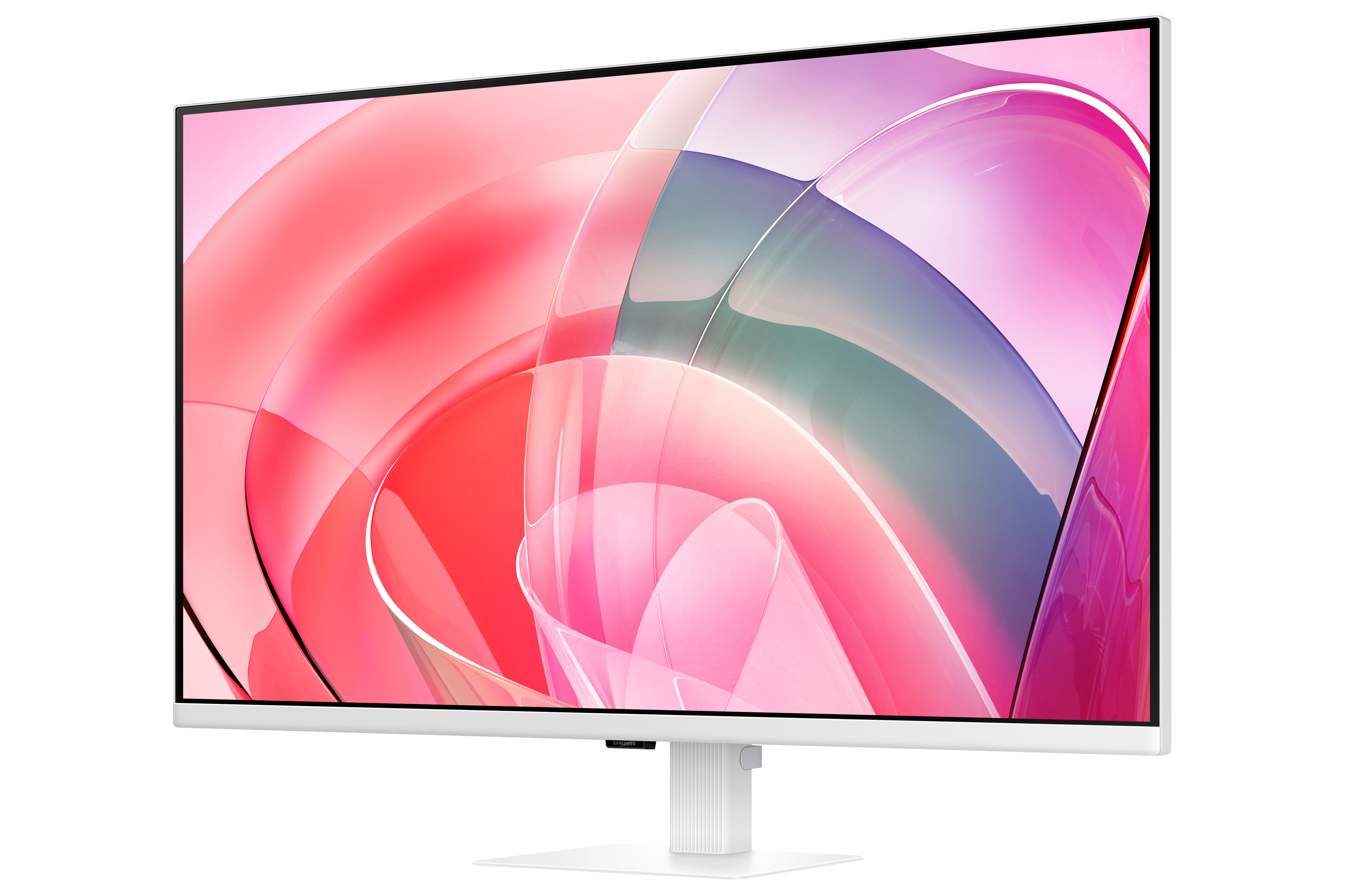 Biały monitor komputerowy z abstrakcyjnym, kolorowym tłem.