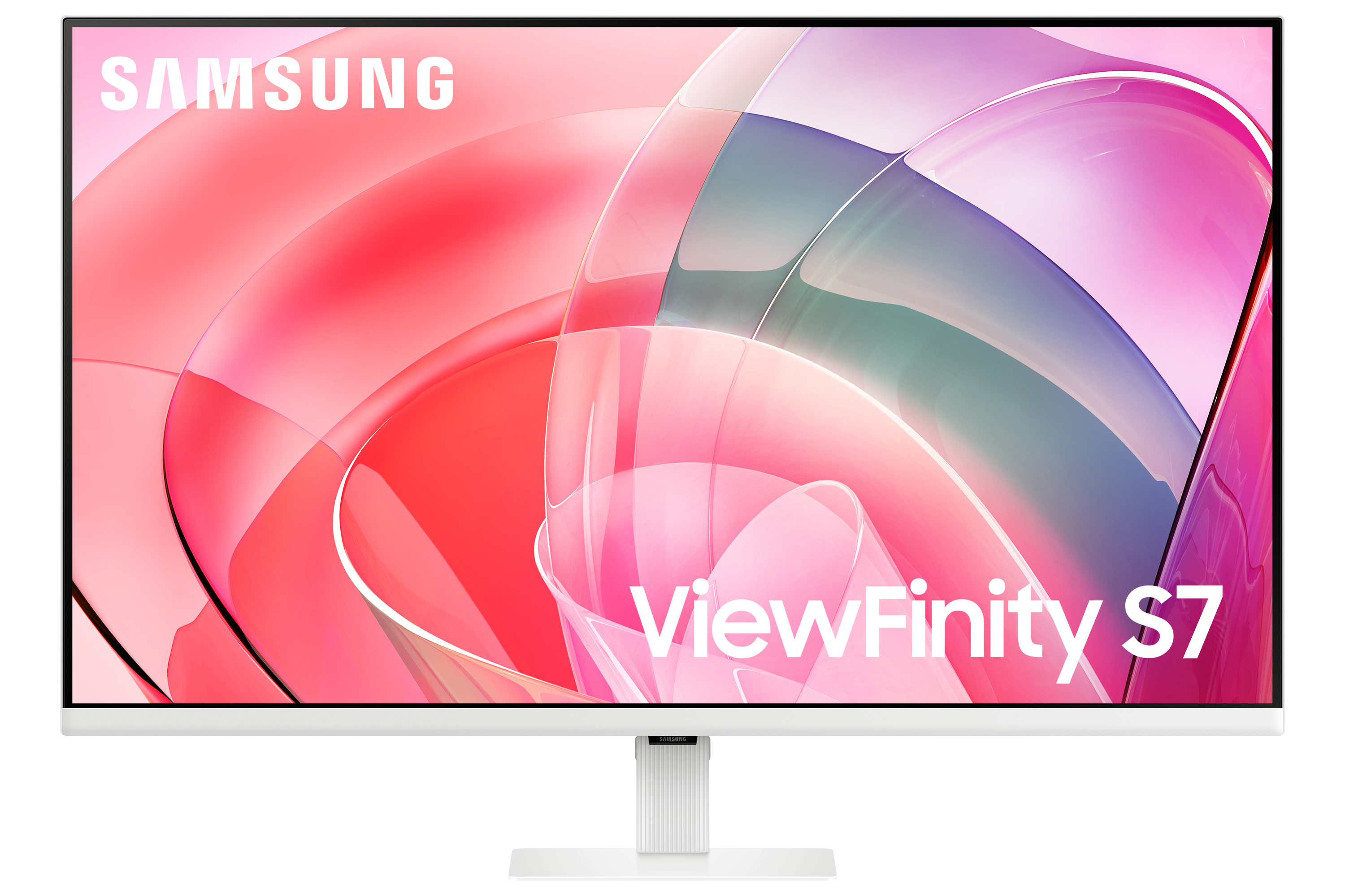 Biały monitor Samsung ViewFinity S7 na abstrakcyjnym, różowo-fioletowym tle.