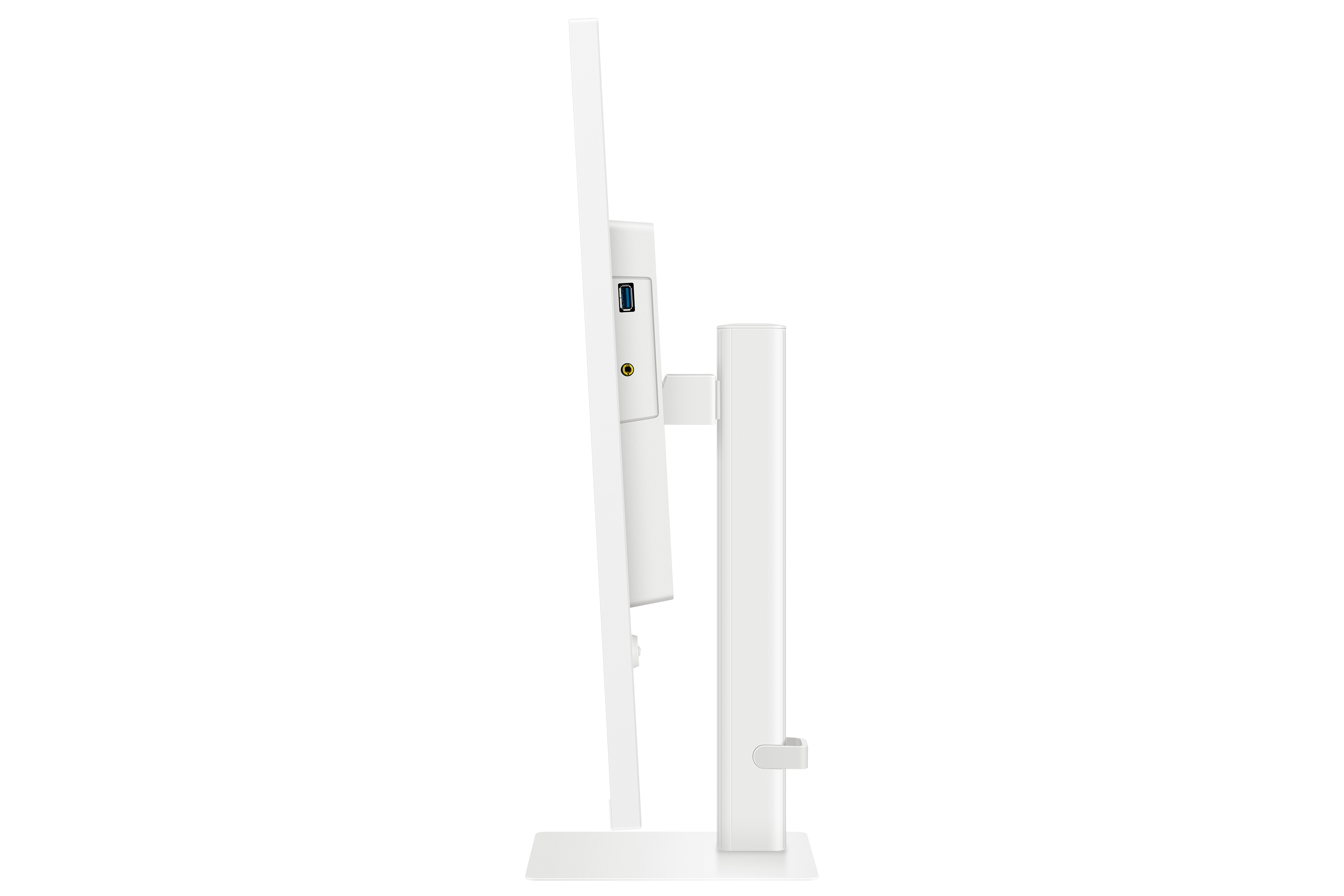 Biały tył monitora z portem USB i gniazdem audio.