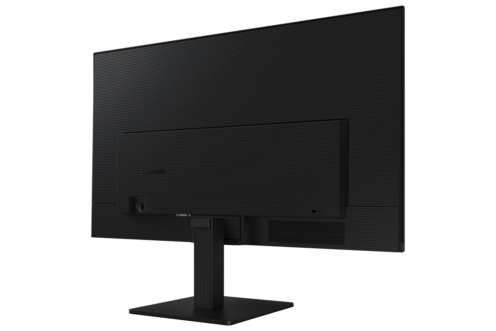 Tył czarnego monitora Samsung z prążkowaną teksturą i widocznymi portami.