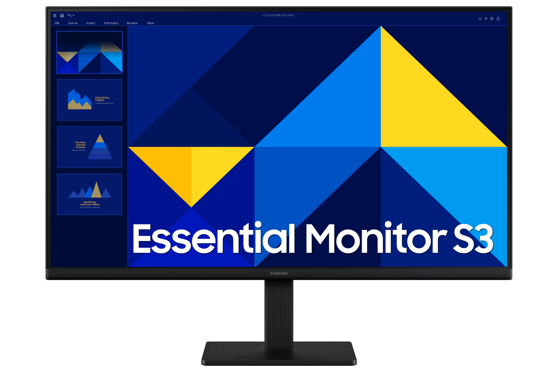 Monitor Samsung z geometrycznym wzorem i napisem "Essential Monitor S3".