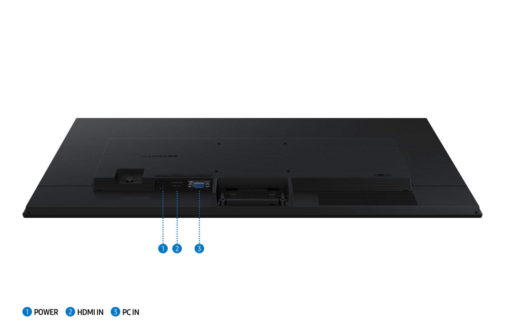 Tył czarnego monitora z portami: zasilanie, HDMI i VGA.