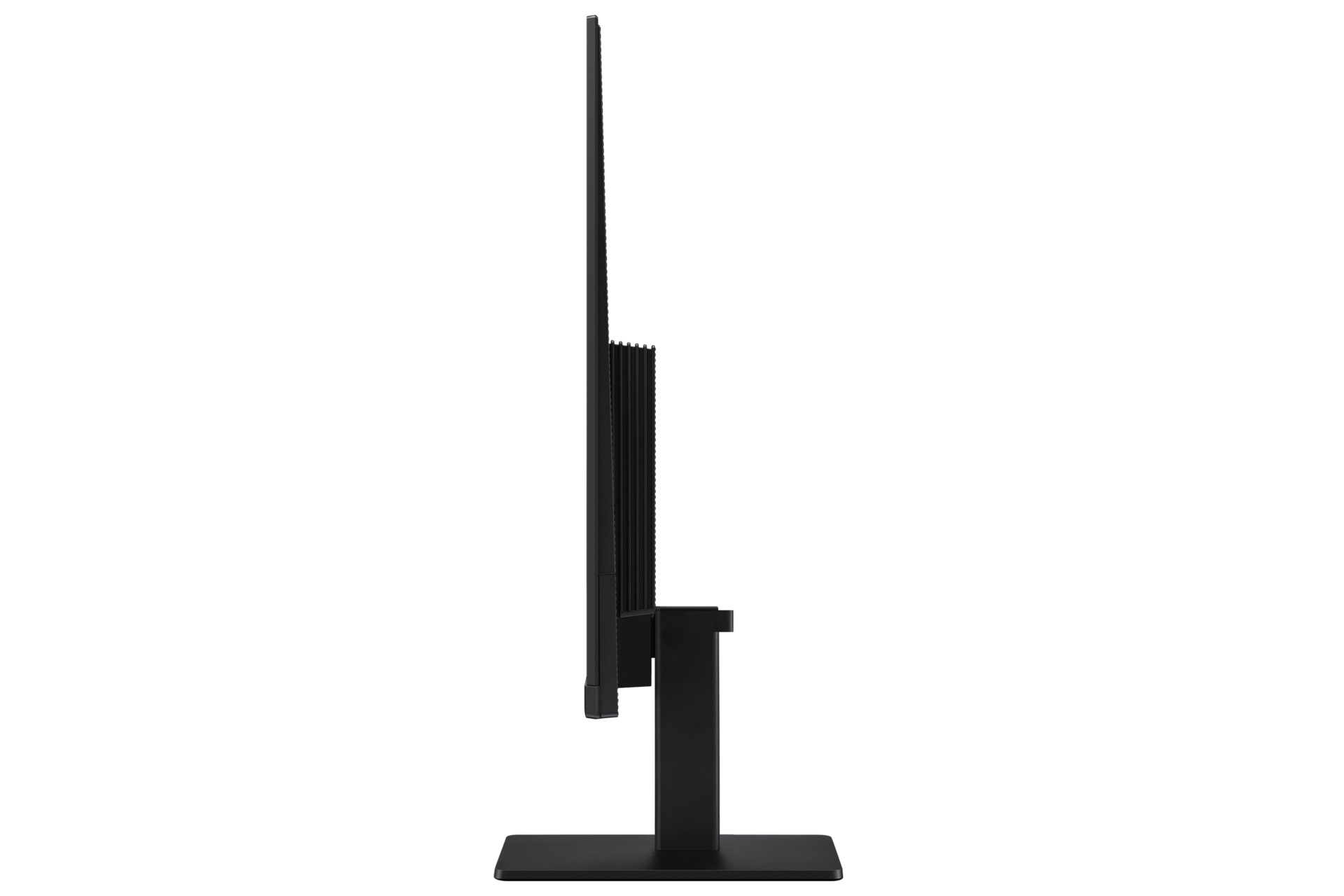 Widok z boku czarnego, płaskiego monitora komputerowego na czarnym stojaku.