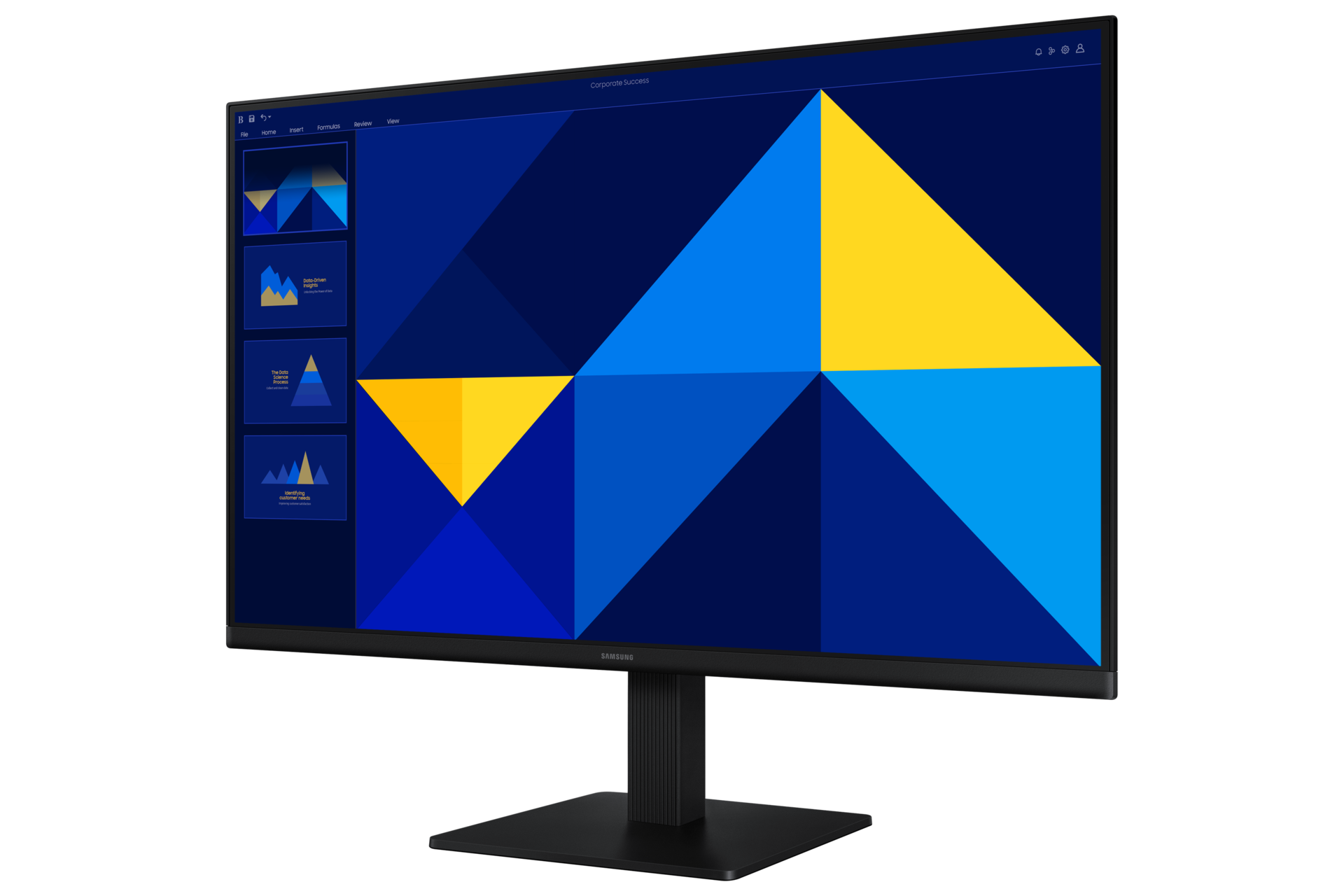 Monitor wyświetla prezentację z niebieskimi i żółtymi kształtami geometrycznymi.