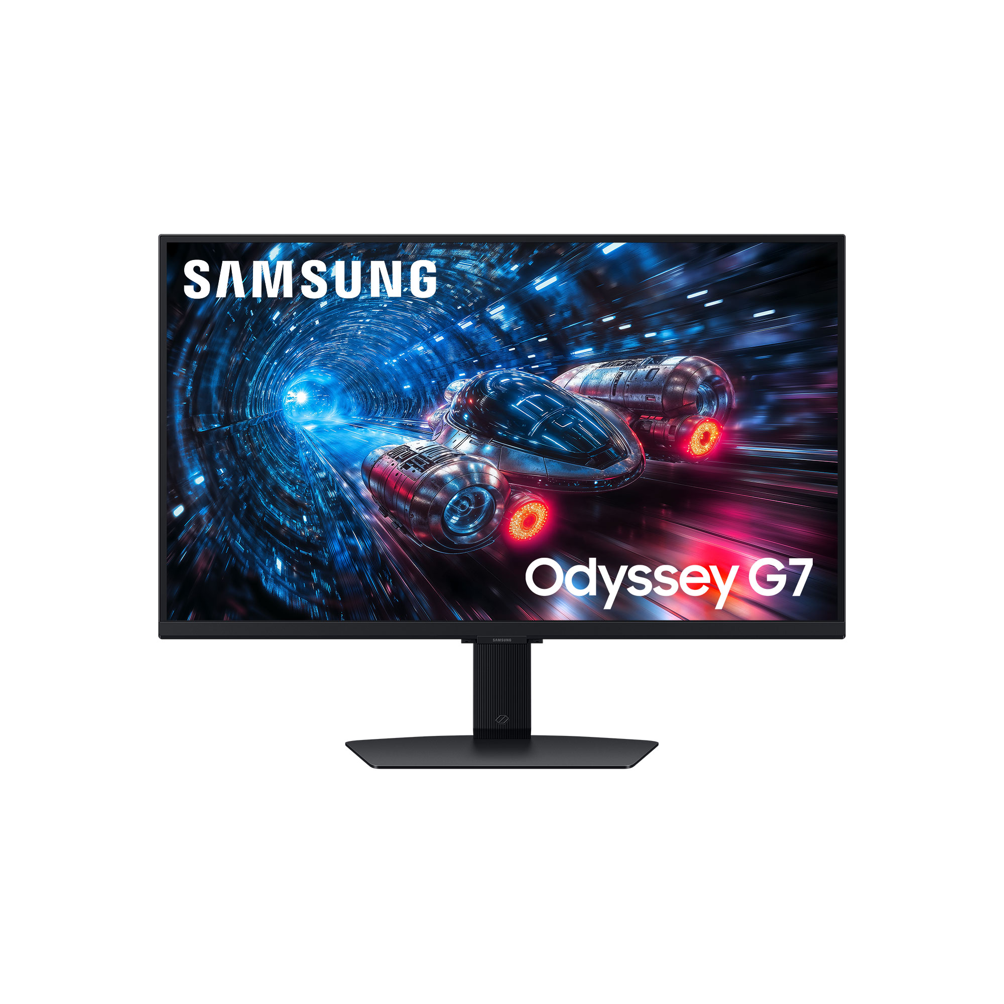Monitor Samsung Odyssey G7 wyświetla statek kosmiczny w niebieskim tunelu.