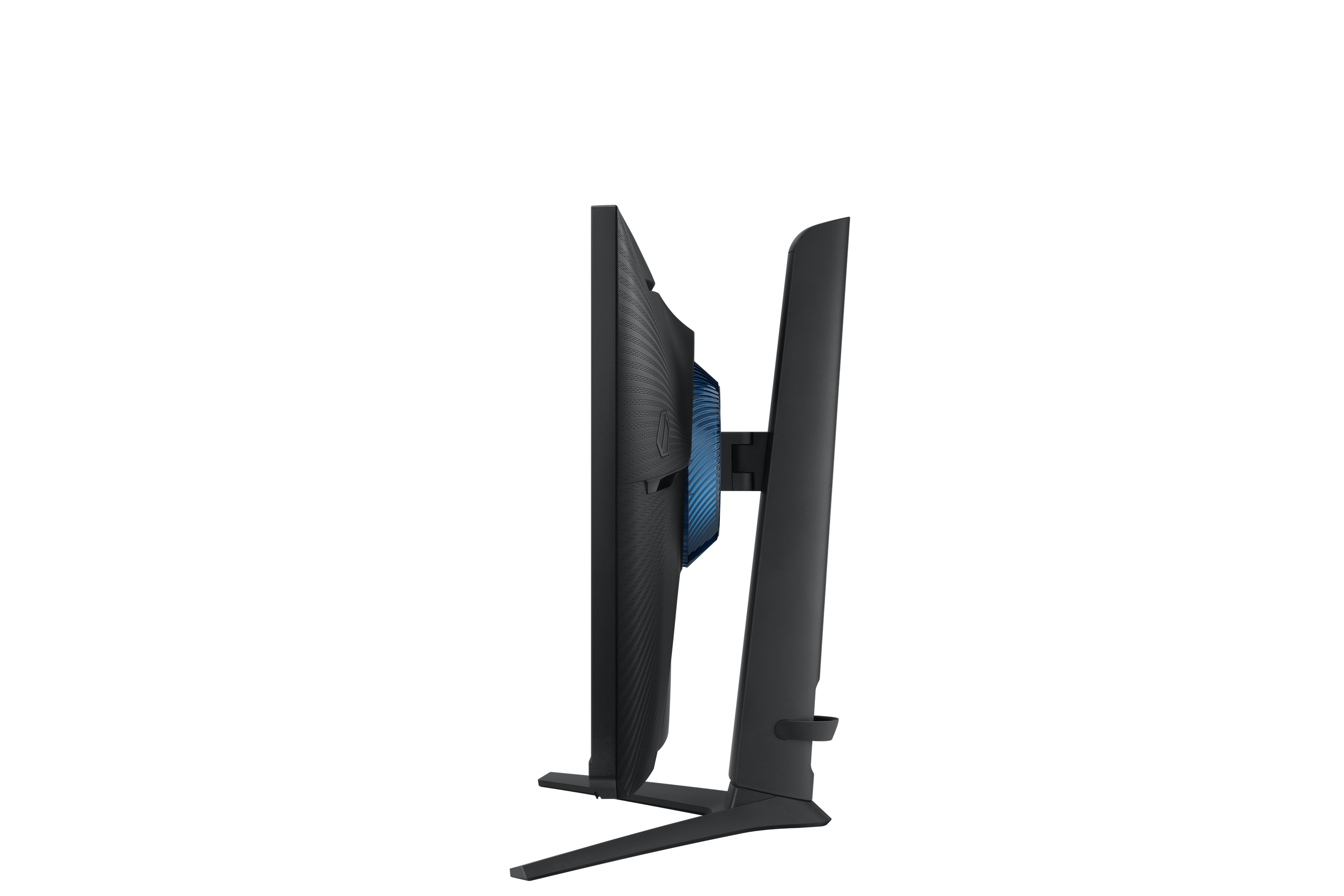 Tył czarnego monitora z stylizowanym niebieskim wzorem.