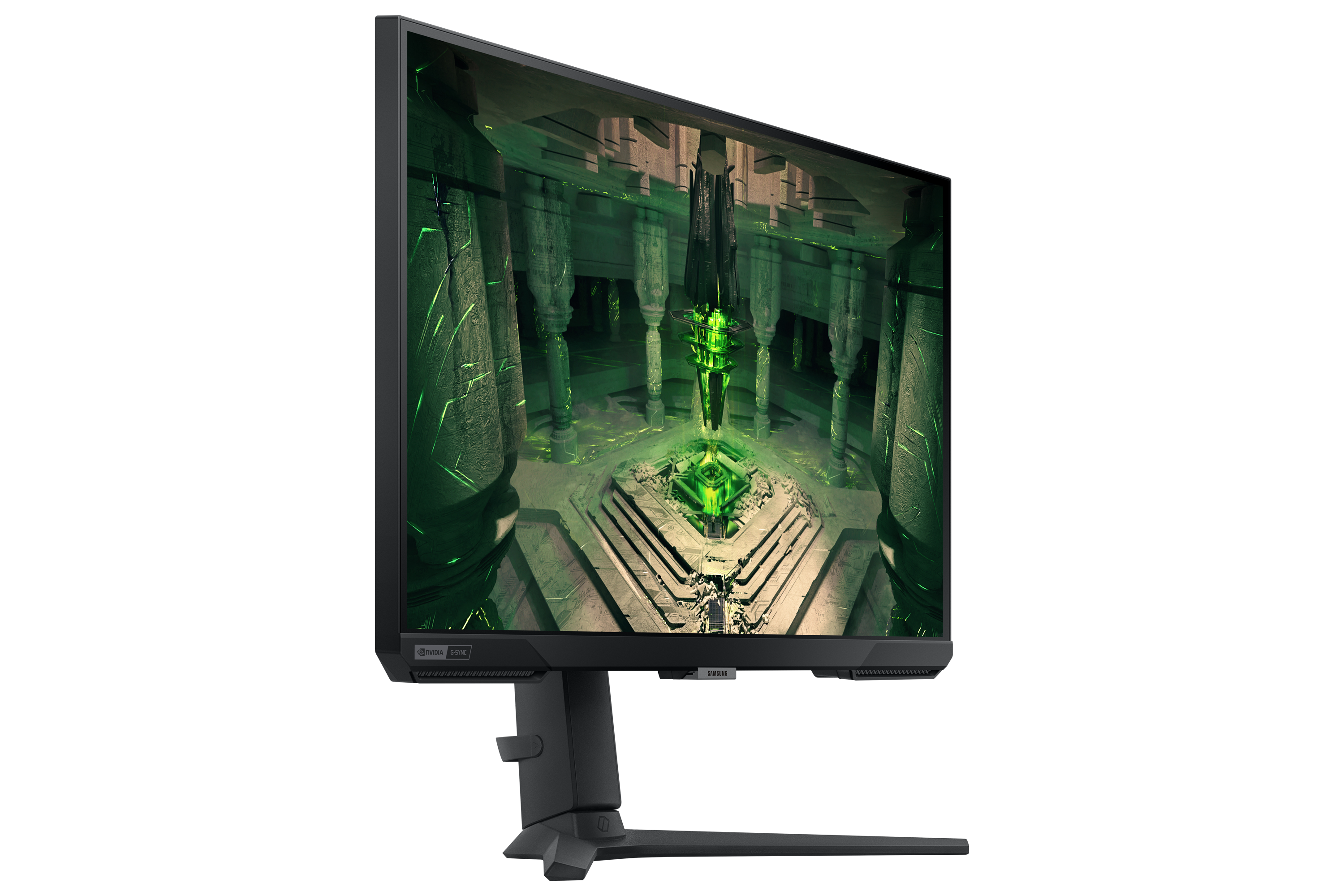 Monitor wyświetla futurystyczny, zielony, cyfrowy krajobraz z filarami.