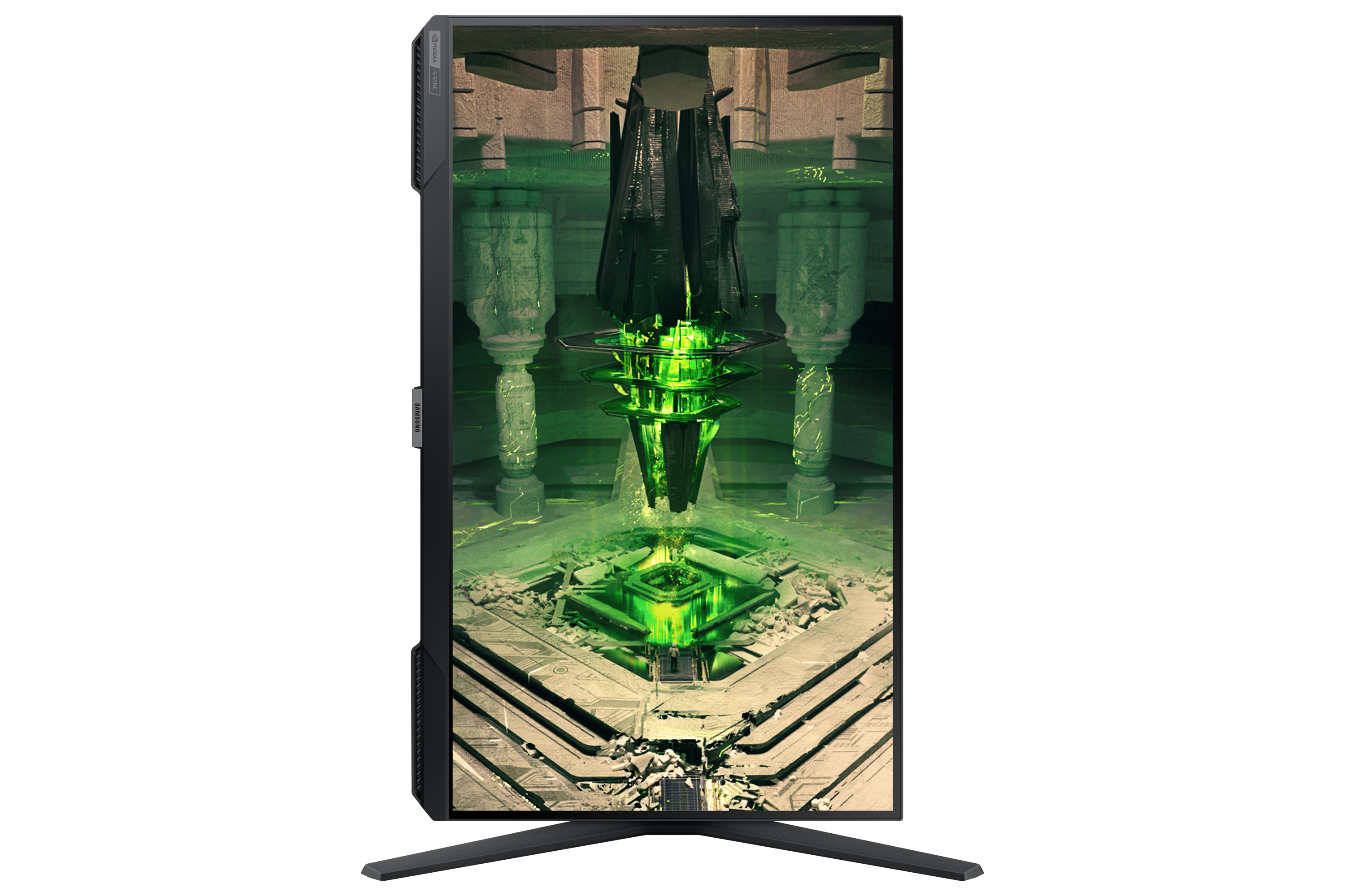 Monitor wyświetlający futurystyczny, świecący na zielono obiekt w centrum.