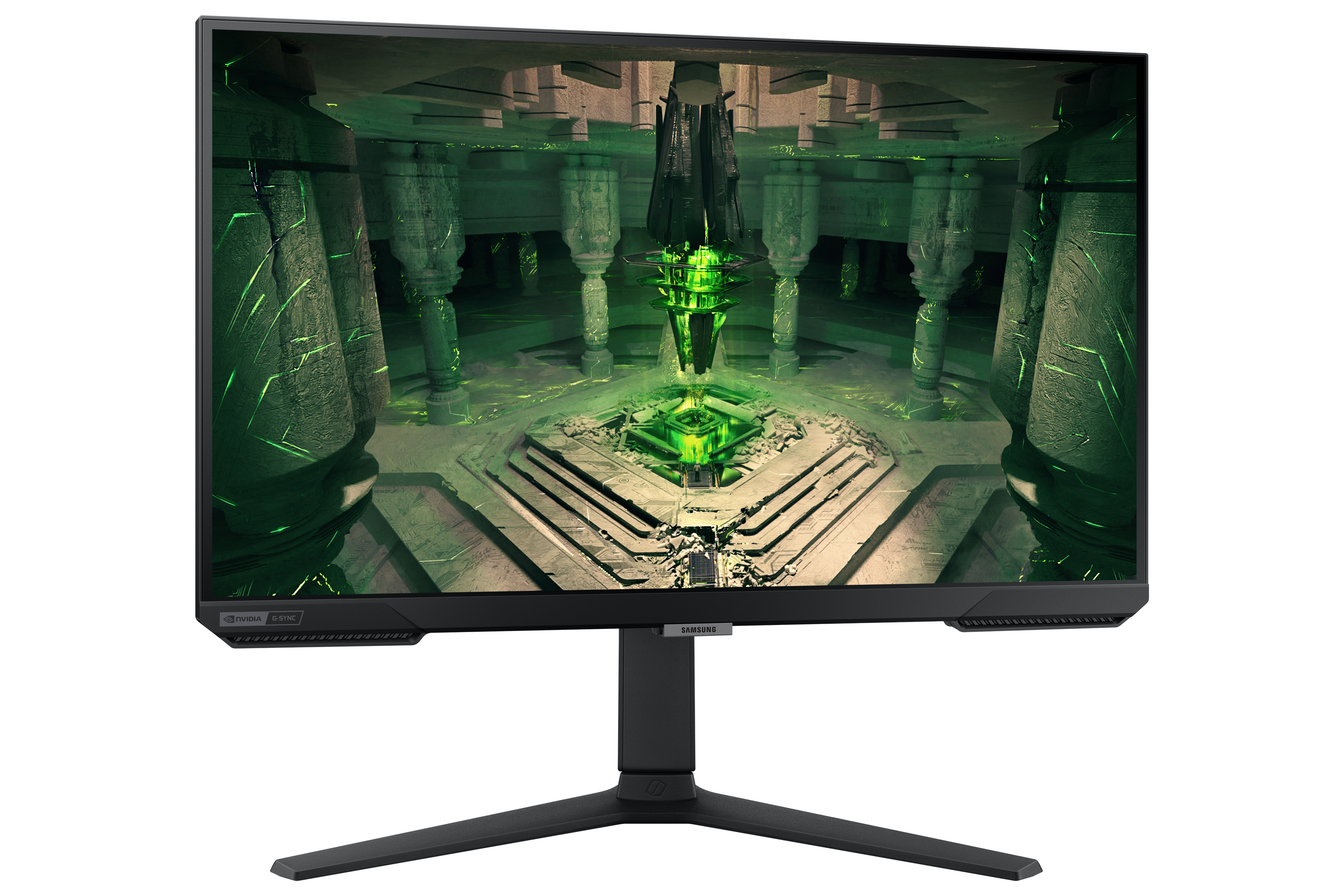 Monitor wyświetla futurystyczną, zieloną, podziemną komnatę z kolumnami i centralnym obiektem.