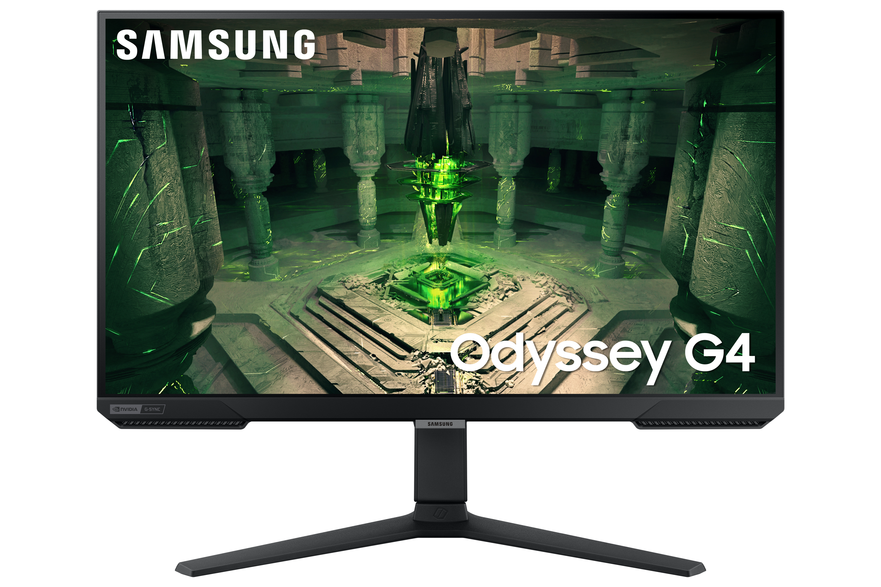 Monitor gamingowy Samsung Odyssey G4 z zielonym, futurystycznym obrazem.