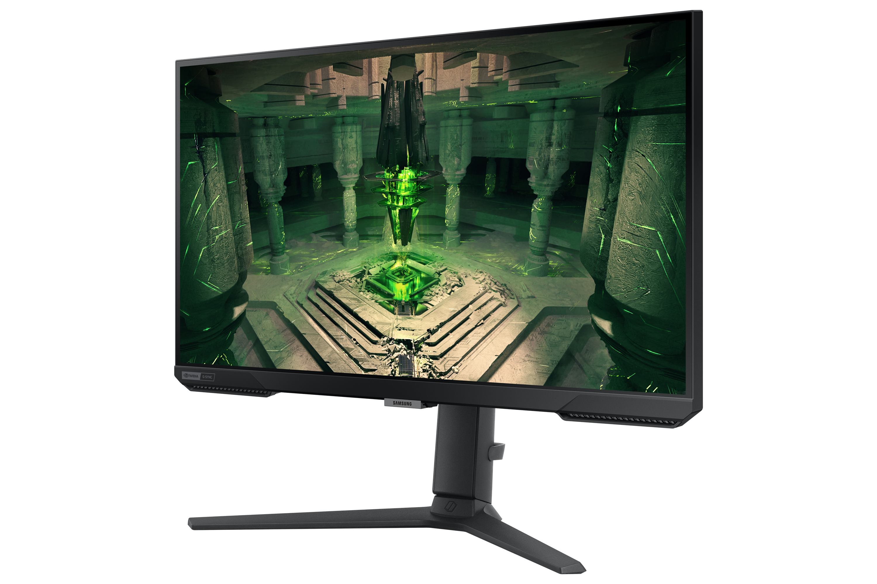 Monitor wyświetla zieloną, futurystyczną scenę z kolumnami i centralnym obiektem.