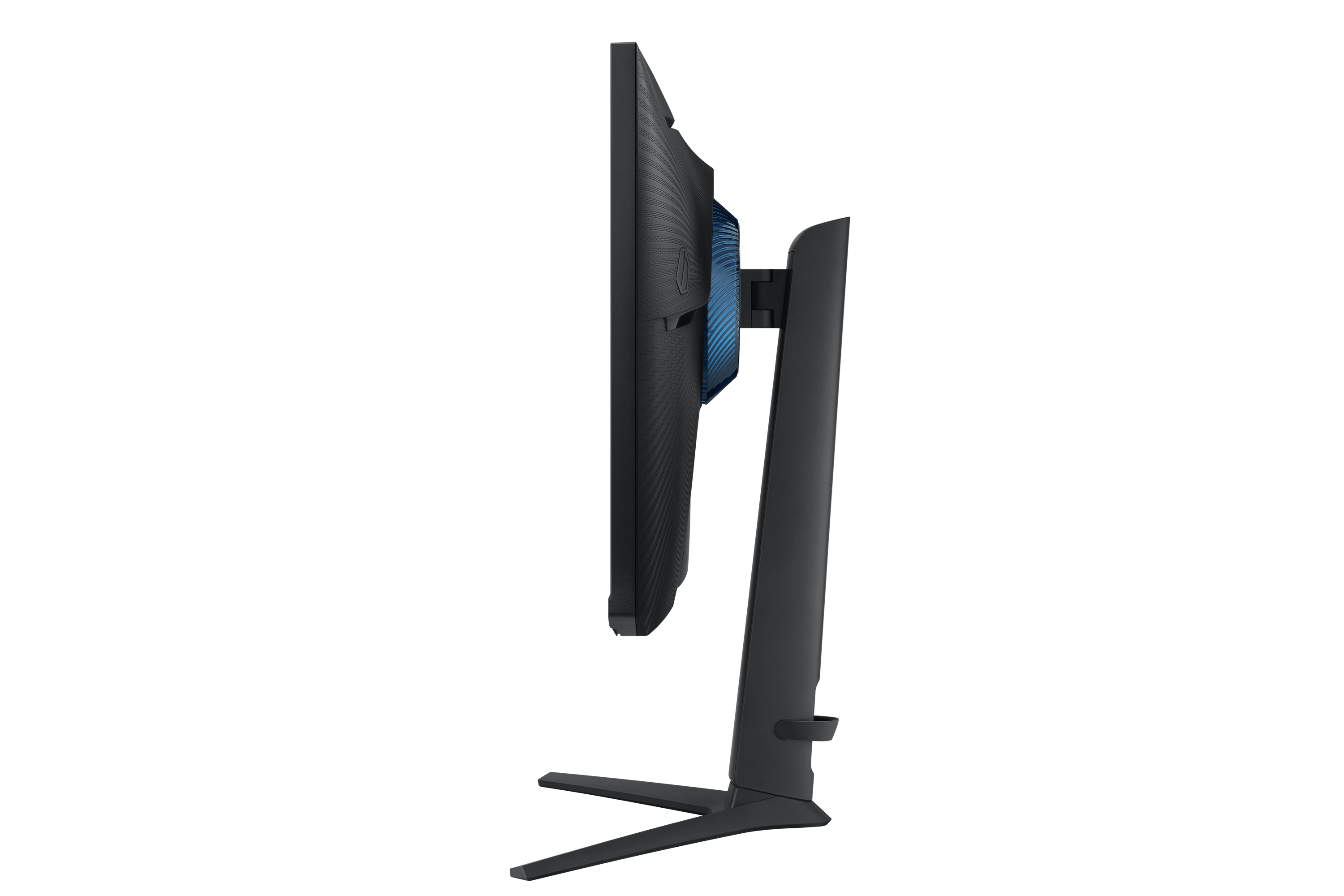 Czarny monitor z niebieskim akcentem, widok z boku. Czarny stojak.
