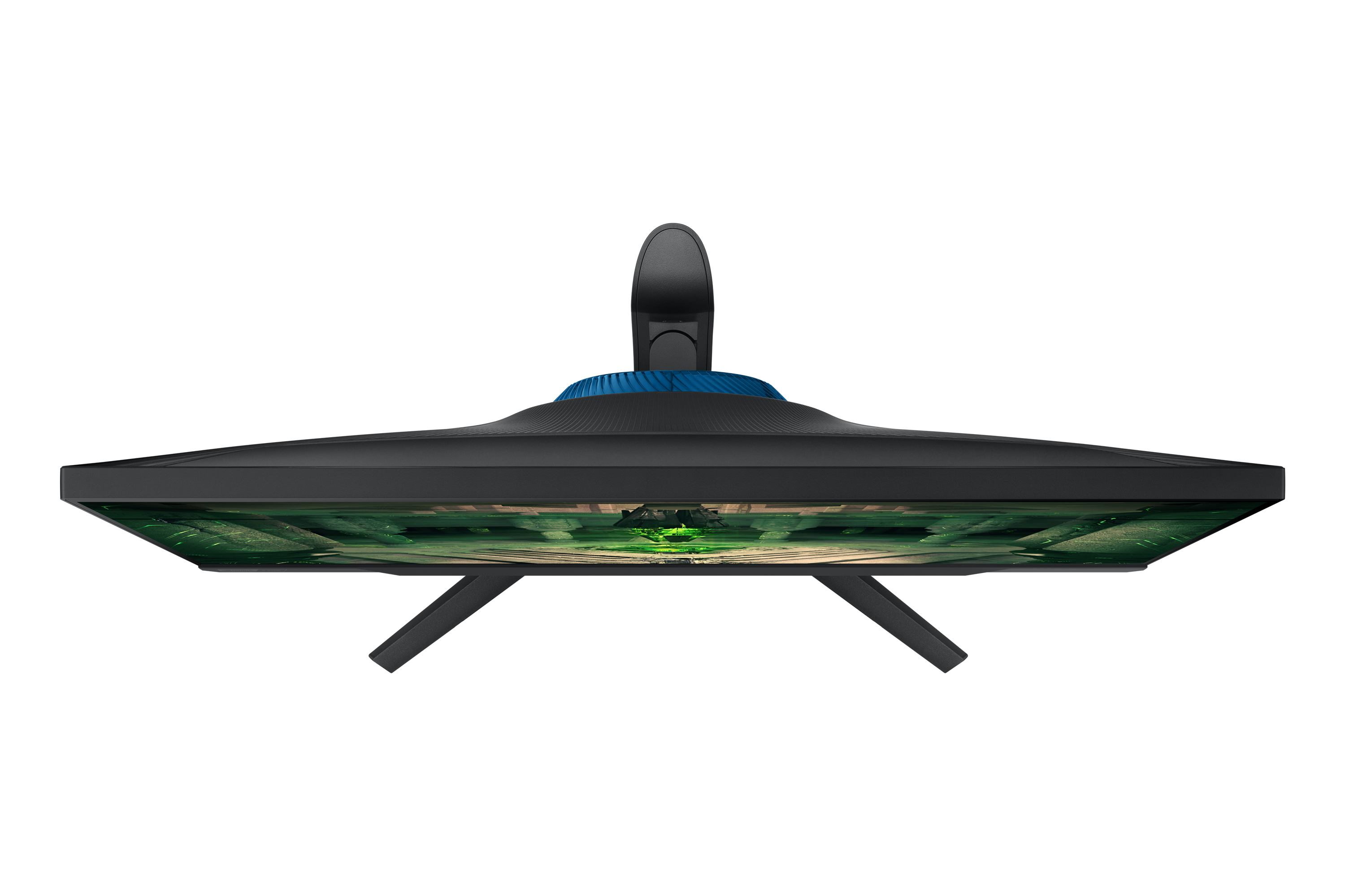 Czarny monitor z niebieskim akcentem i zieloną zawartością ekranu.