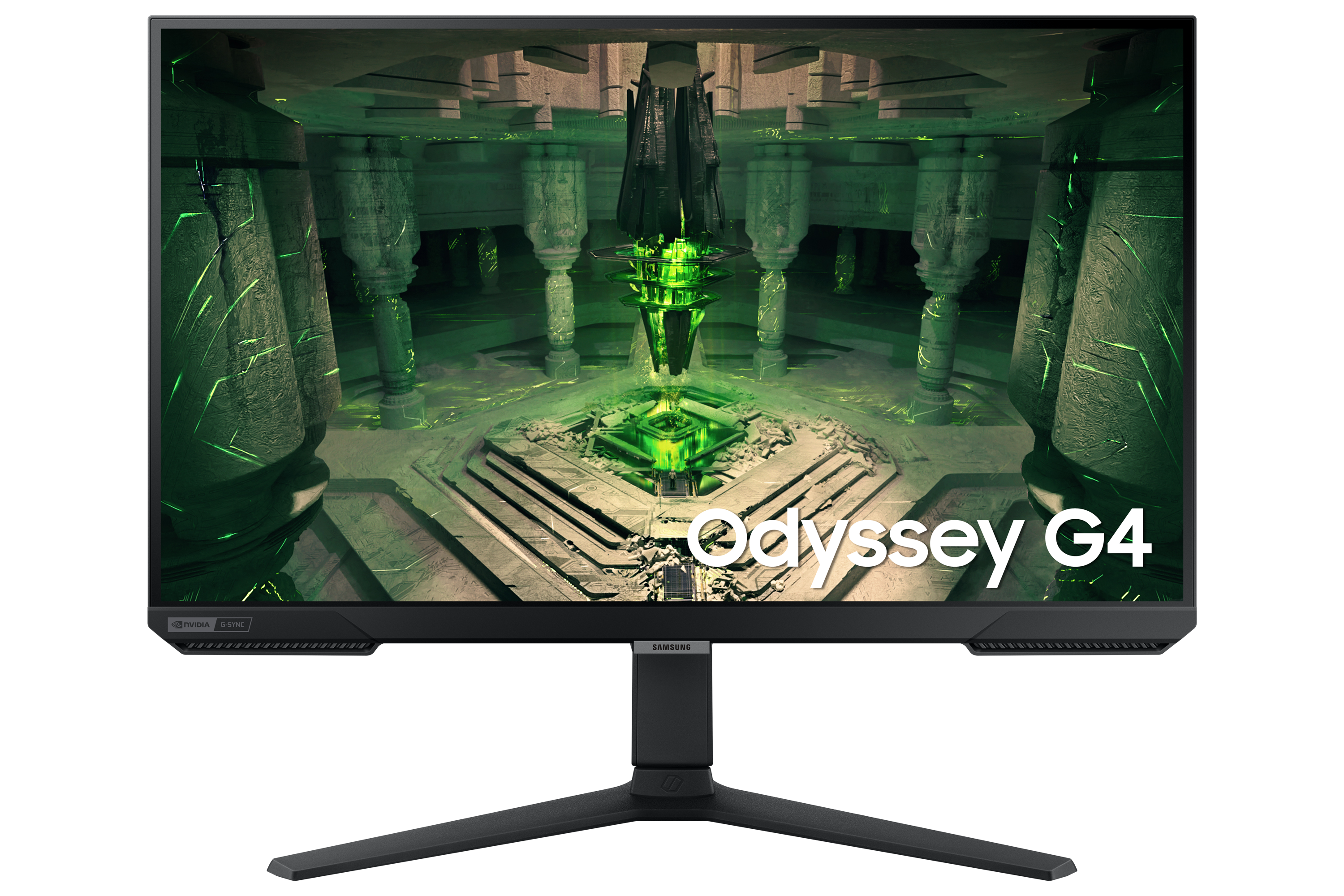 Monitor do gier wyświetlający futurystyczny, zielony ekran sanktuarium.