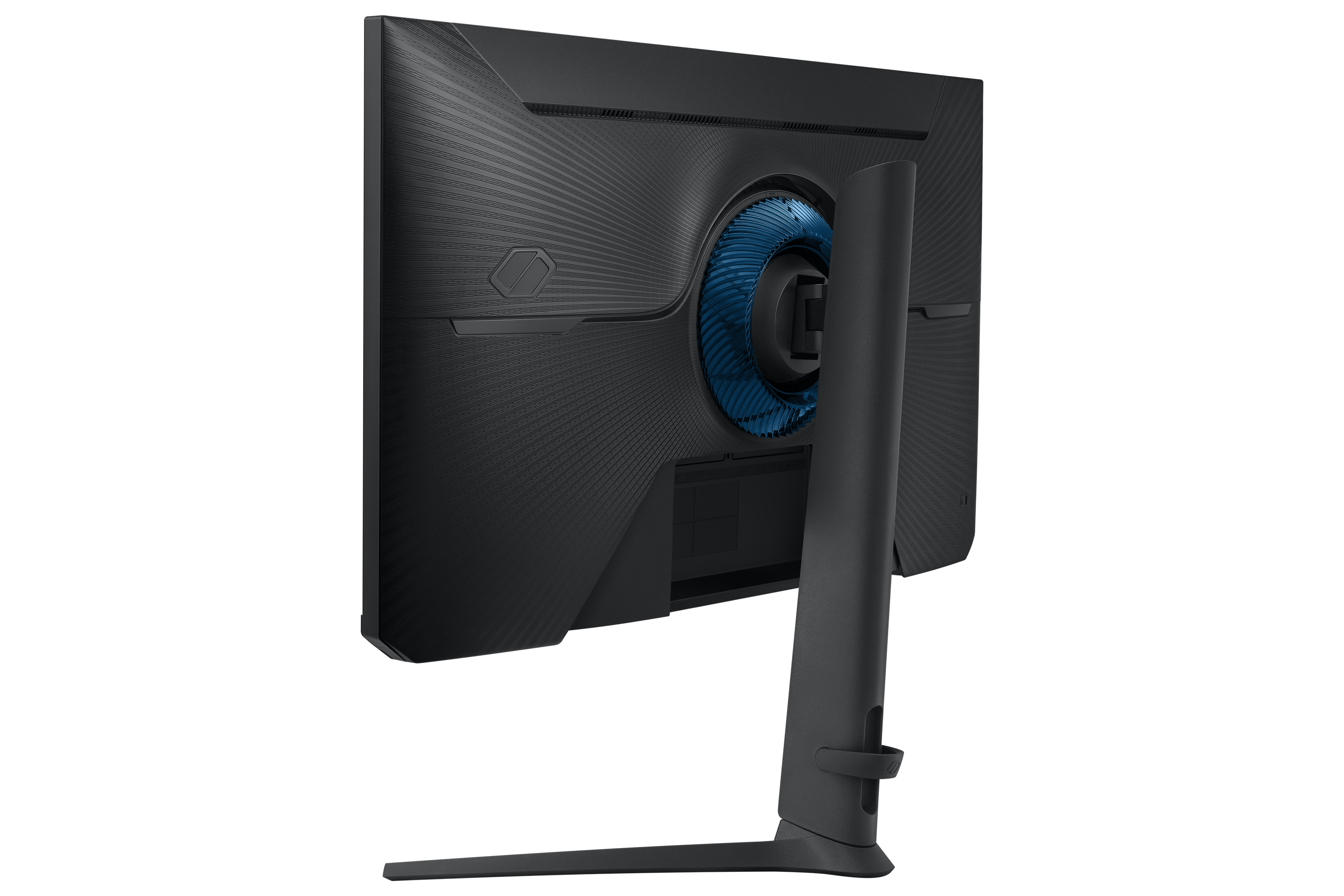 Tył czarnego monitora z niebieskim wentylatorem i czarnym stojakiem.