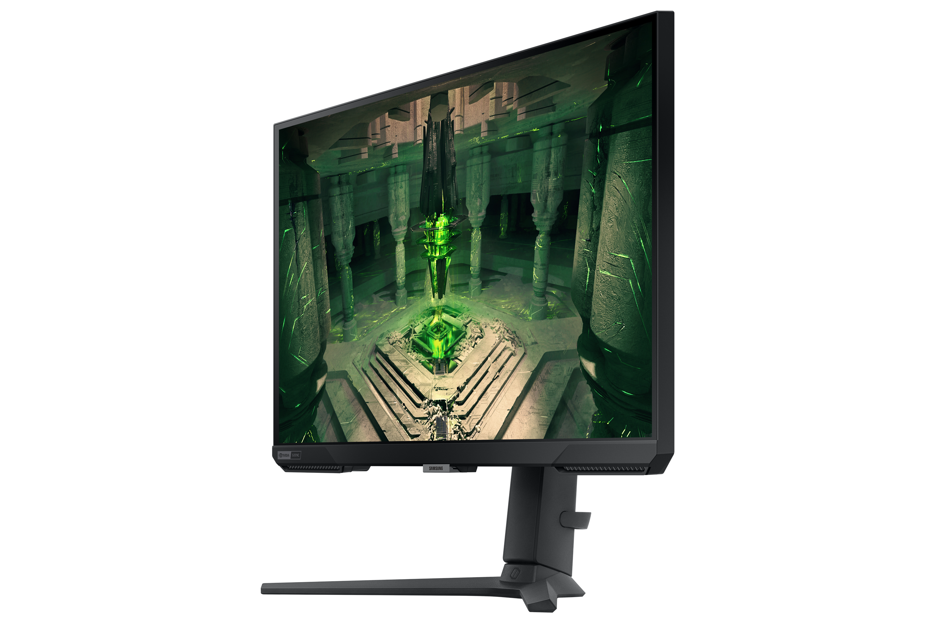 Monitor gamingowy wyświetla zieloną, futurystyczną scenę z filarami i centralnym kryształem.