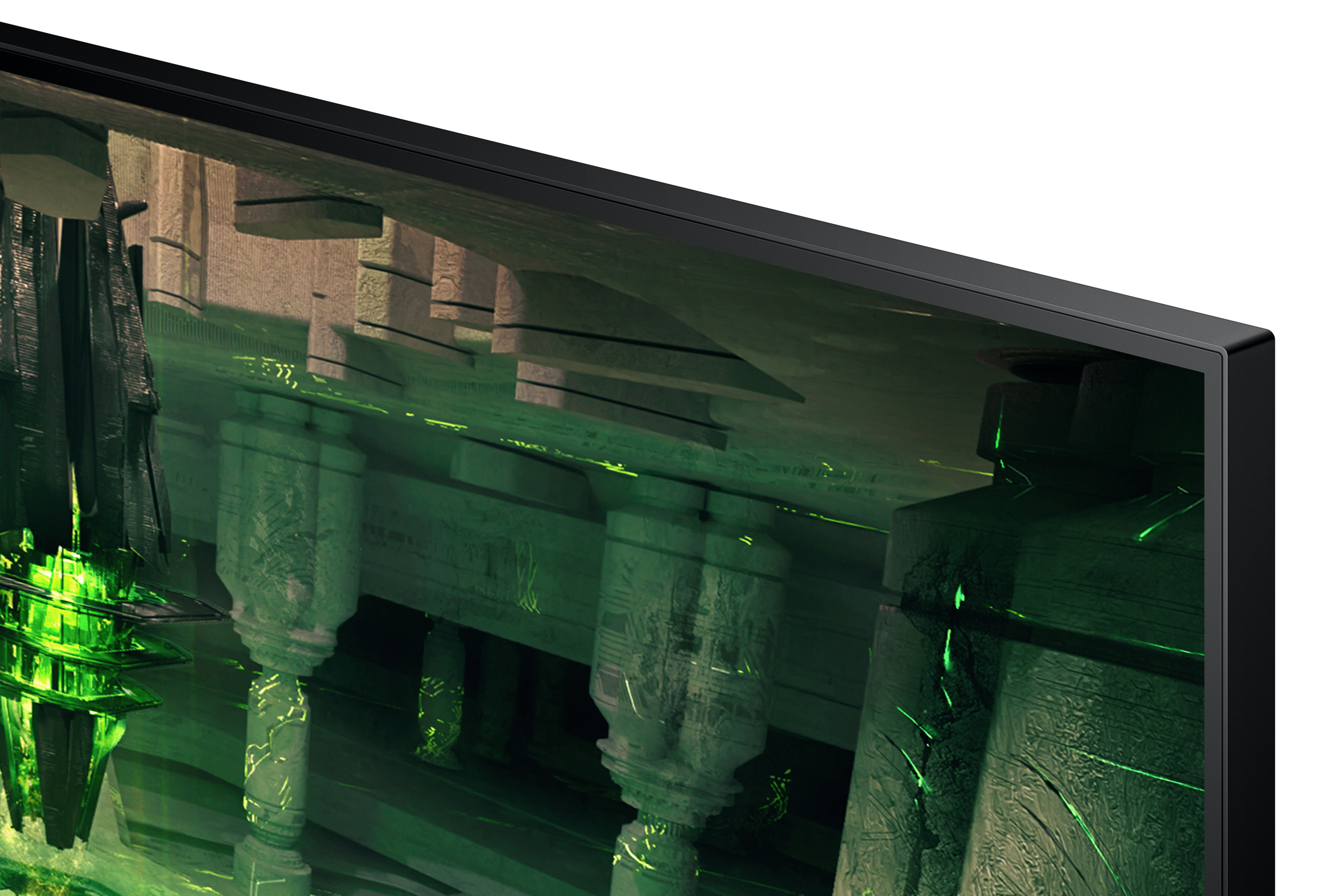 Abstrakcyjna zielono-beżowa architektura ze światłami.