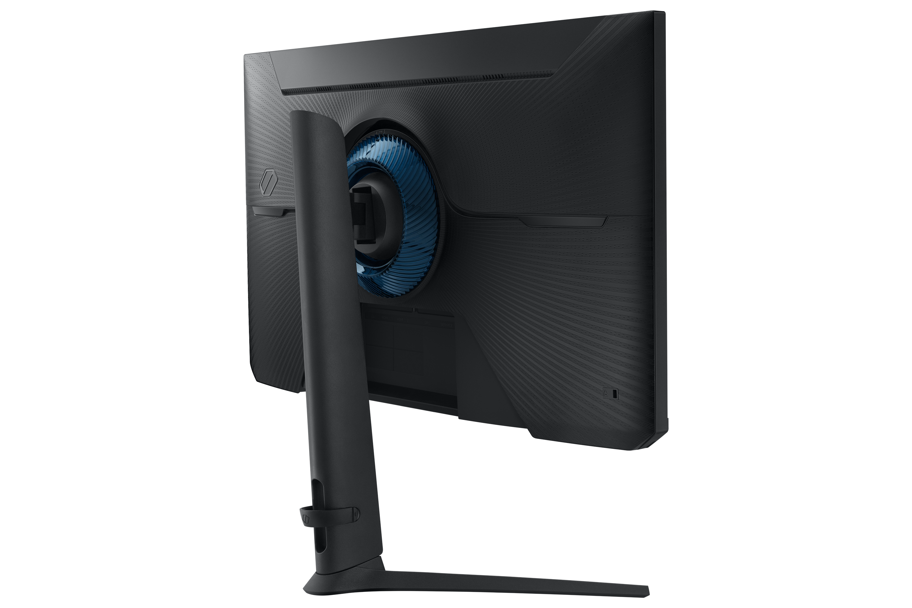 Tył czarnego monitora z niebieskim wentylatorem i czarnym stojakiem.