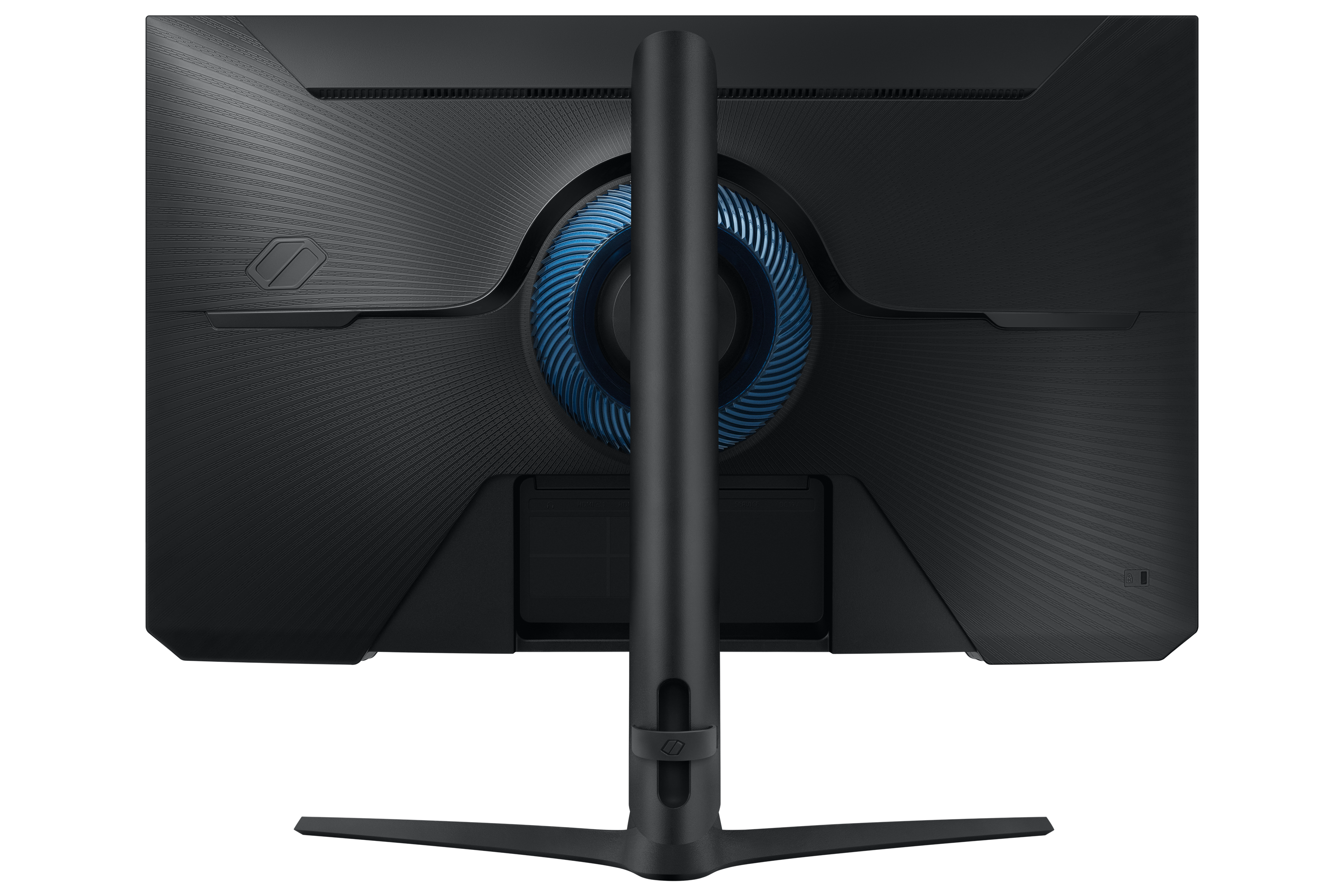 Tył czarnego monitora z niebieskim wentylatorem i srebrną podstawą.