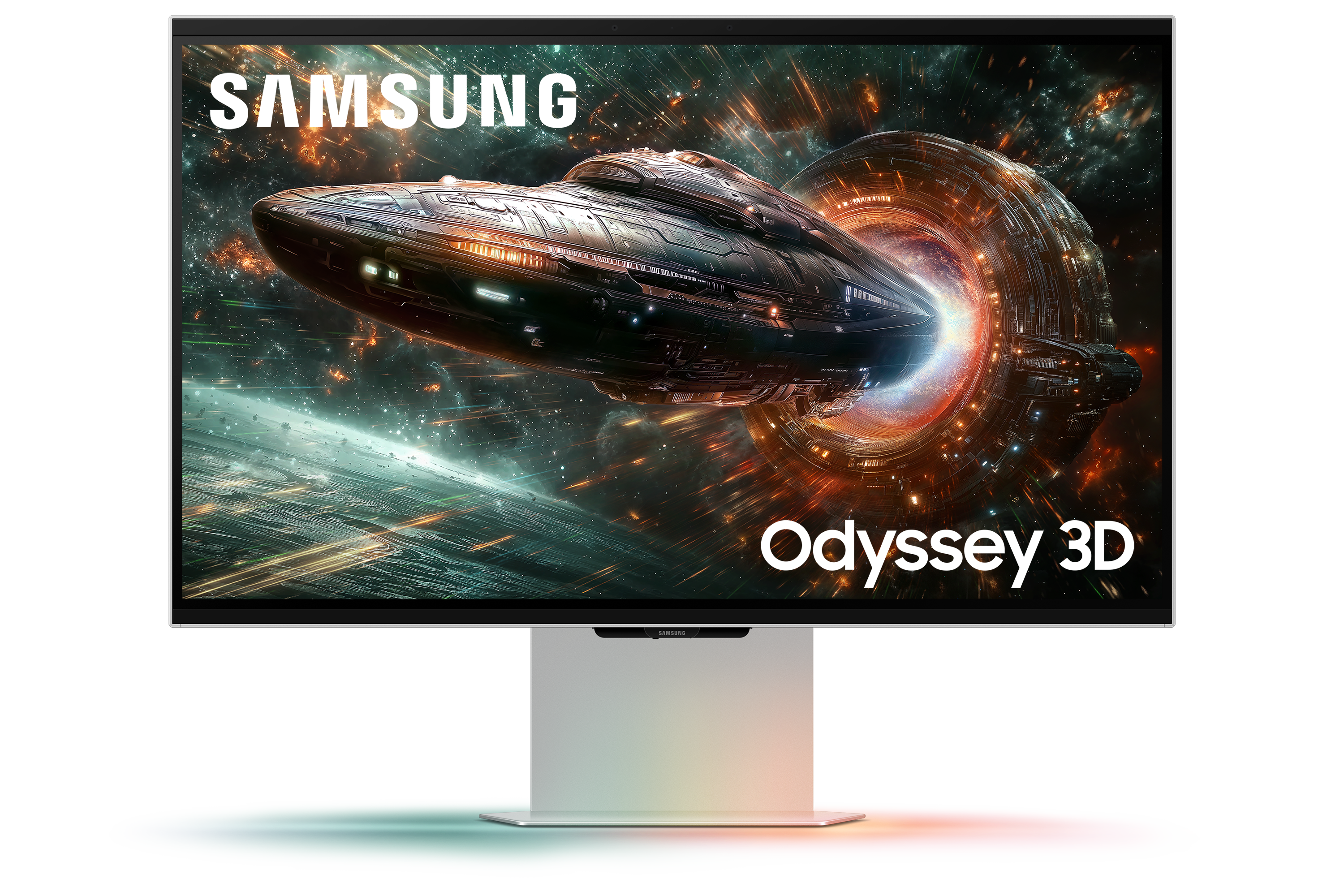 Statek kosmiczny leci do portalu, monitor Samsung Odyssey 3D.