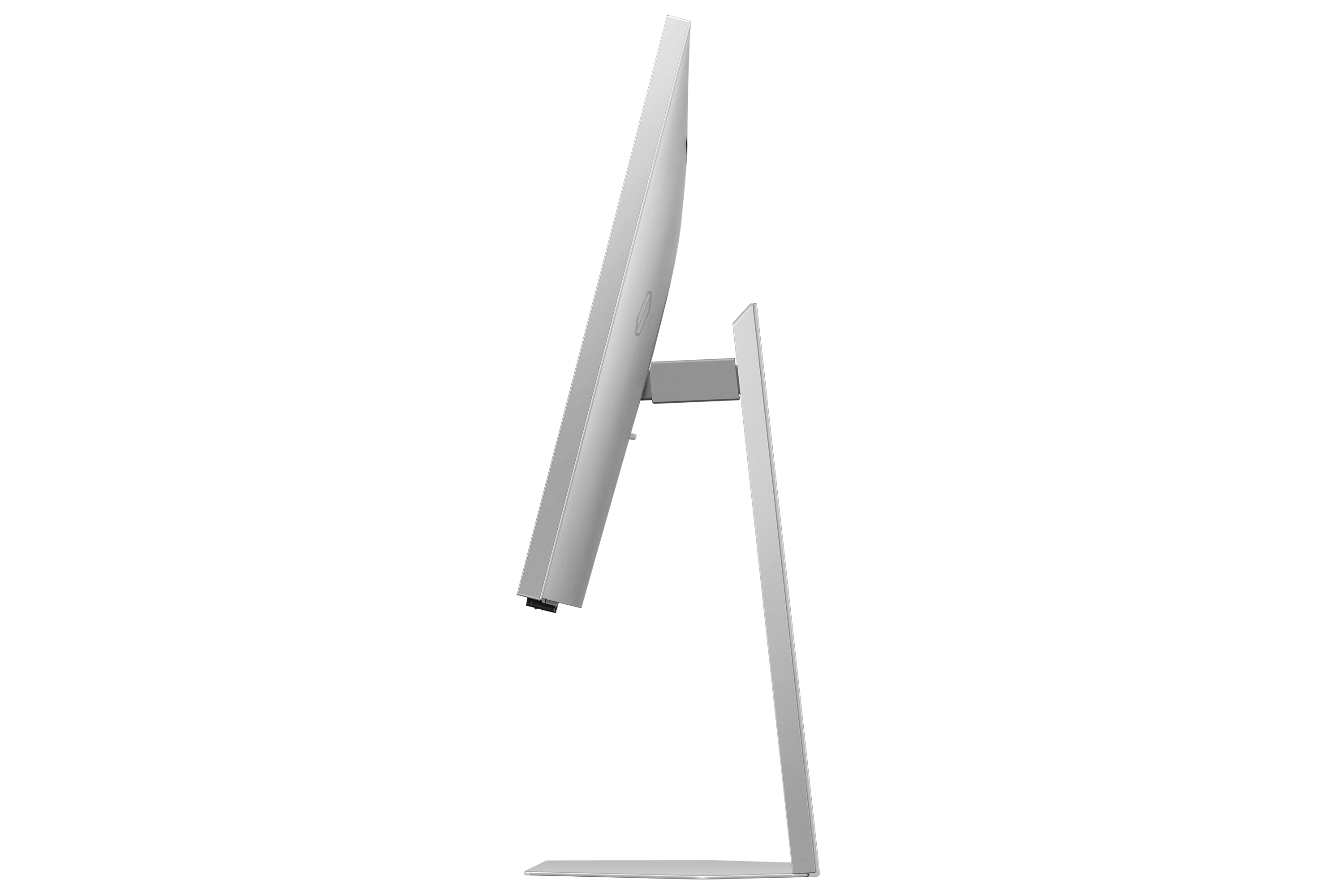 Biały monitor komputerowy widziany z boku, na czarnym tle.