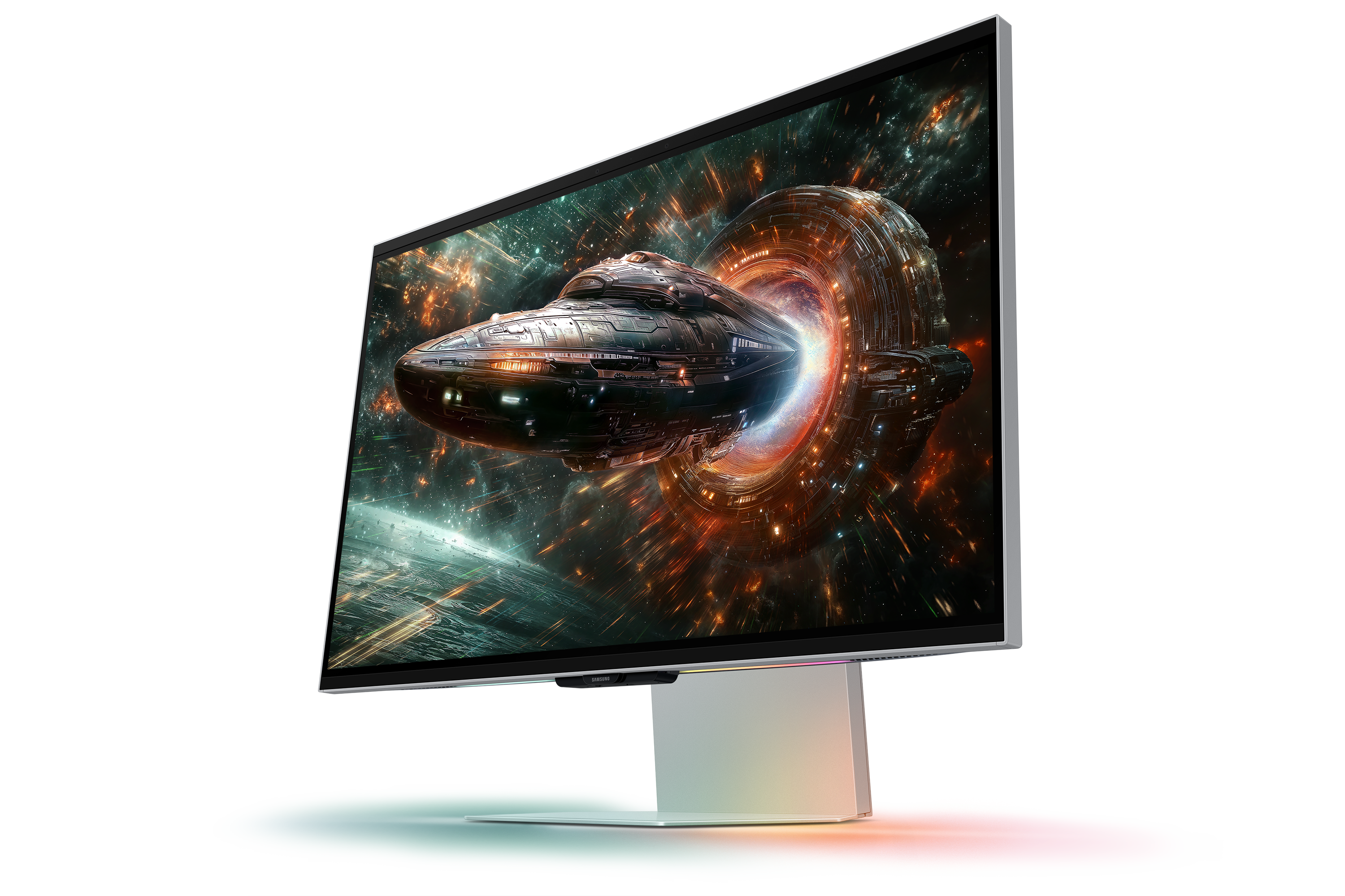 Statek kosmiczny leci przez portal w przestrzeni. Monitor wyświetla obraz.