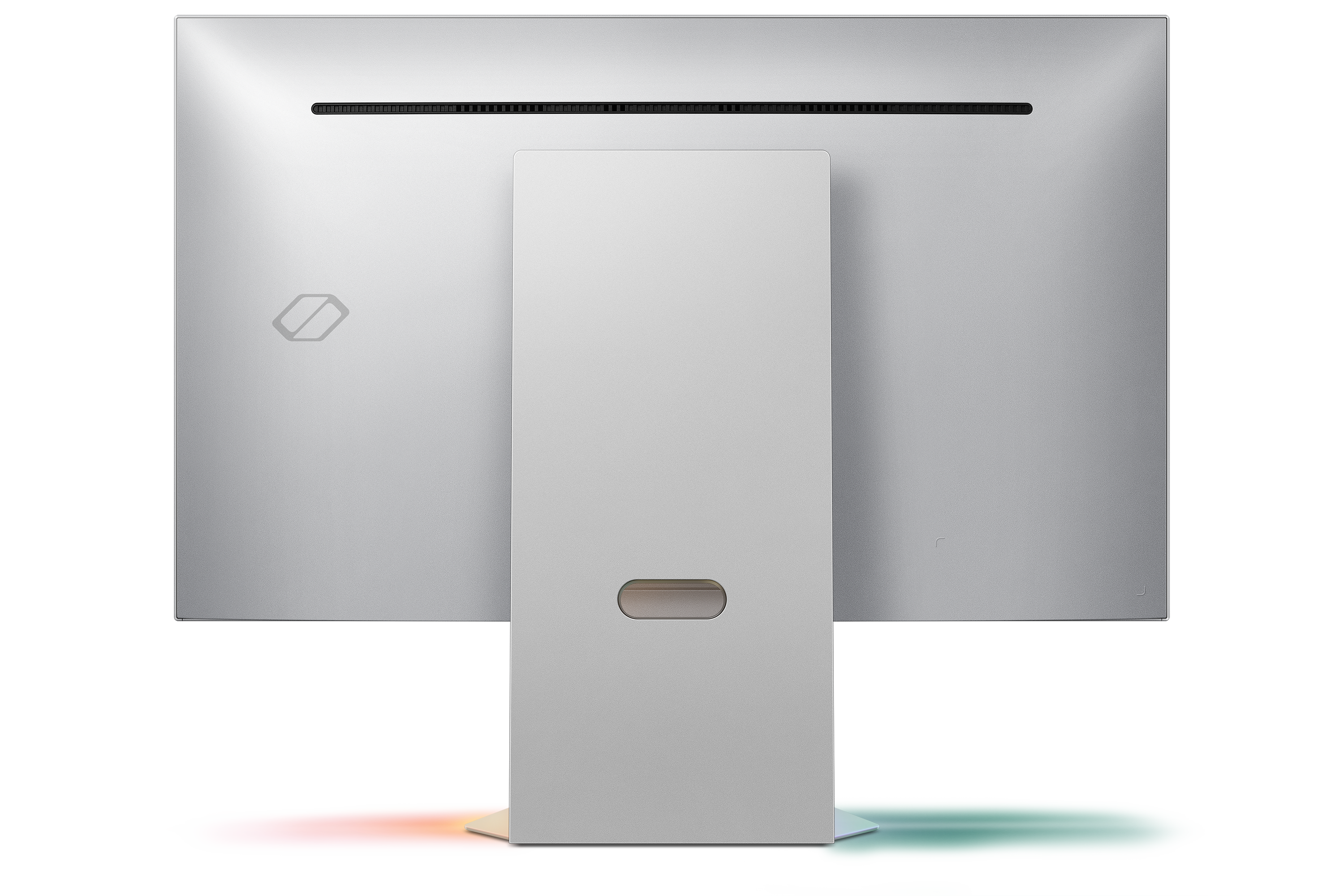 Tył srebrnego monitora z logo i wąską szczeliną wentylacyjną.