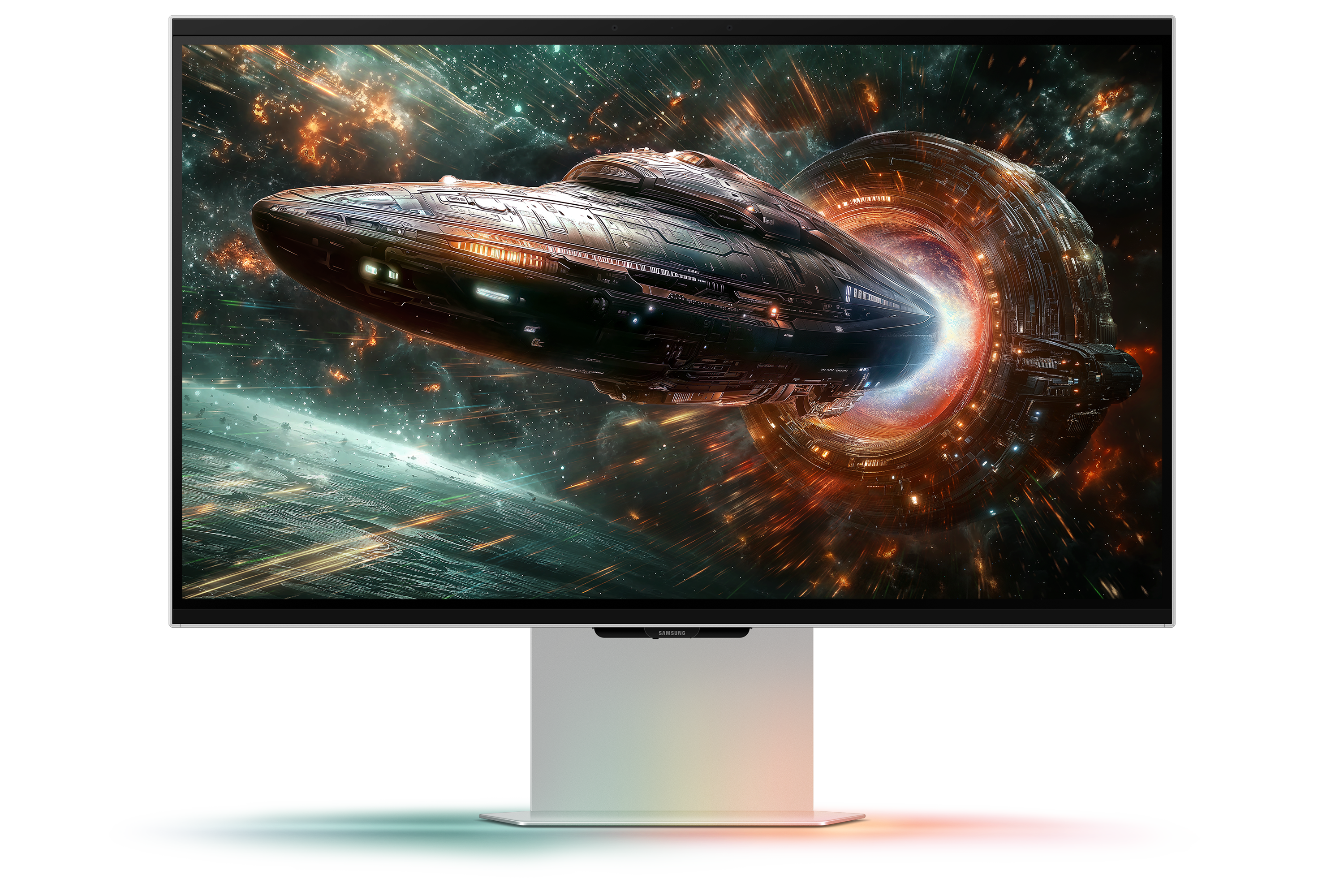 Statek kosmiczny przelatuje przez tunel czasoprzestrzenny z ognistymi światłami.