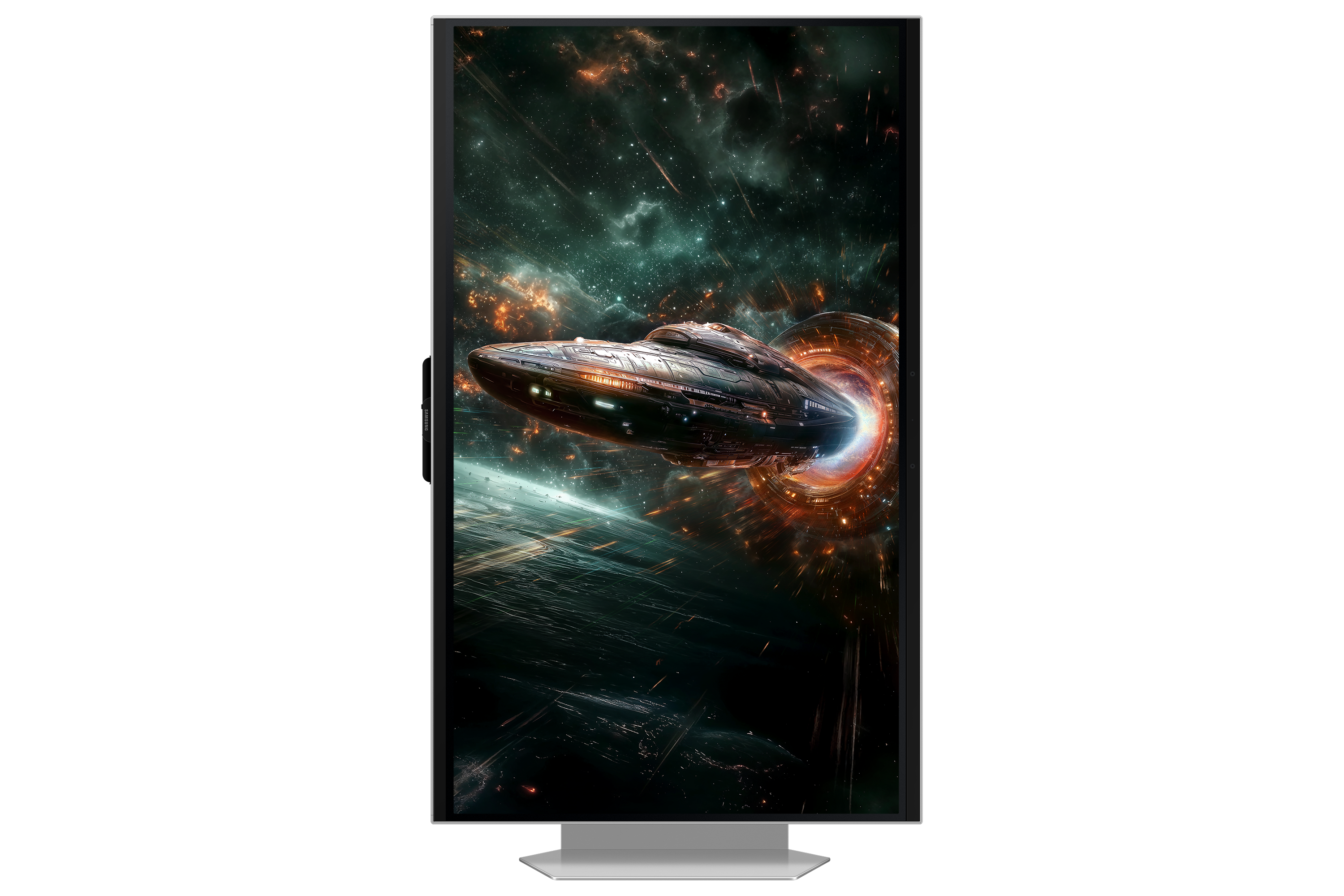 Statek kosmiczny przelatuje przez portal w polu mgławicy.