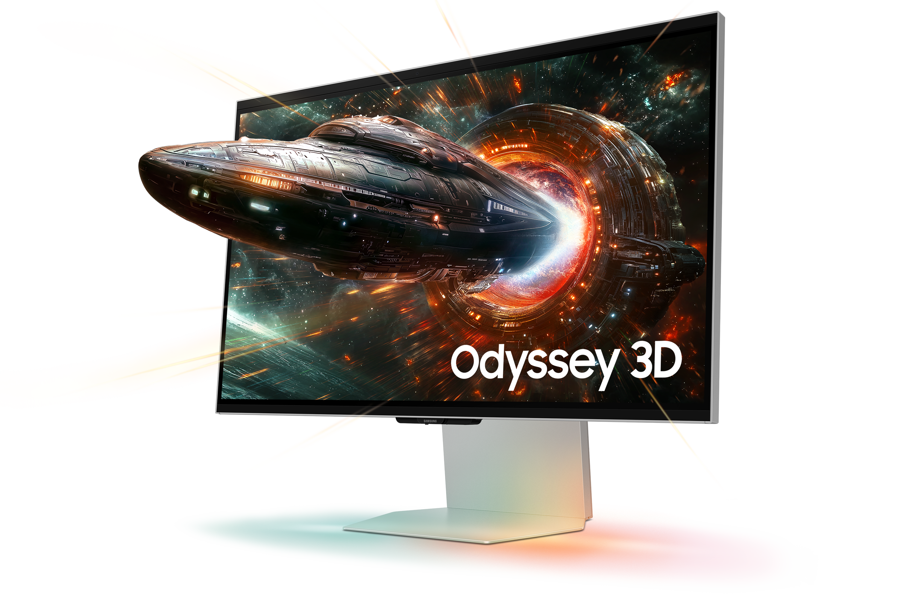 Futurystyczny statek kosmiczny leci przez kosmiczny wir, wyświetlany na monitorze.