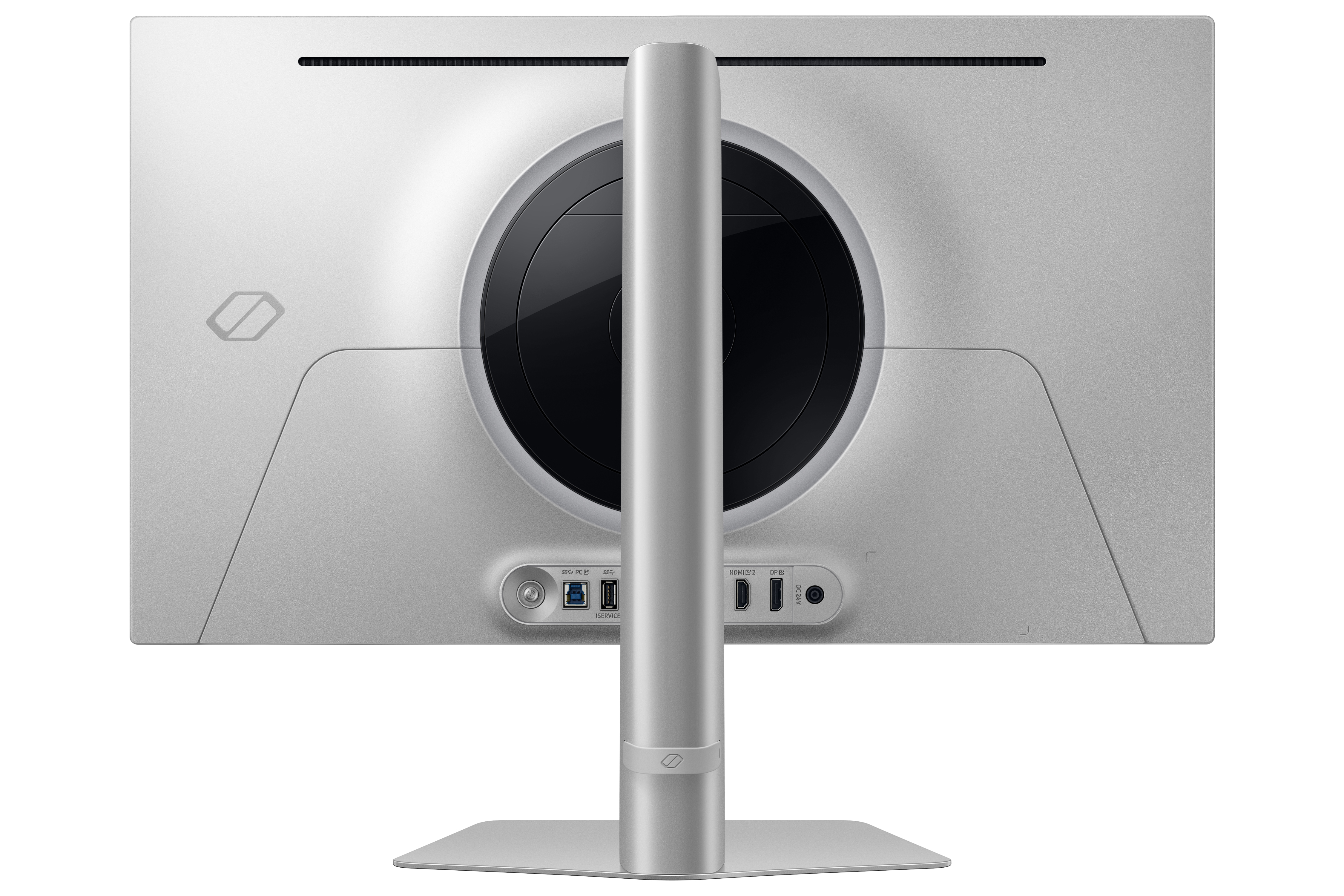 Tył srebrnego monitora z portami i srebrną podstawą. Minimalistyczny design.