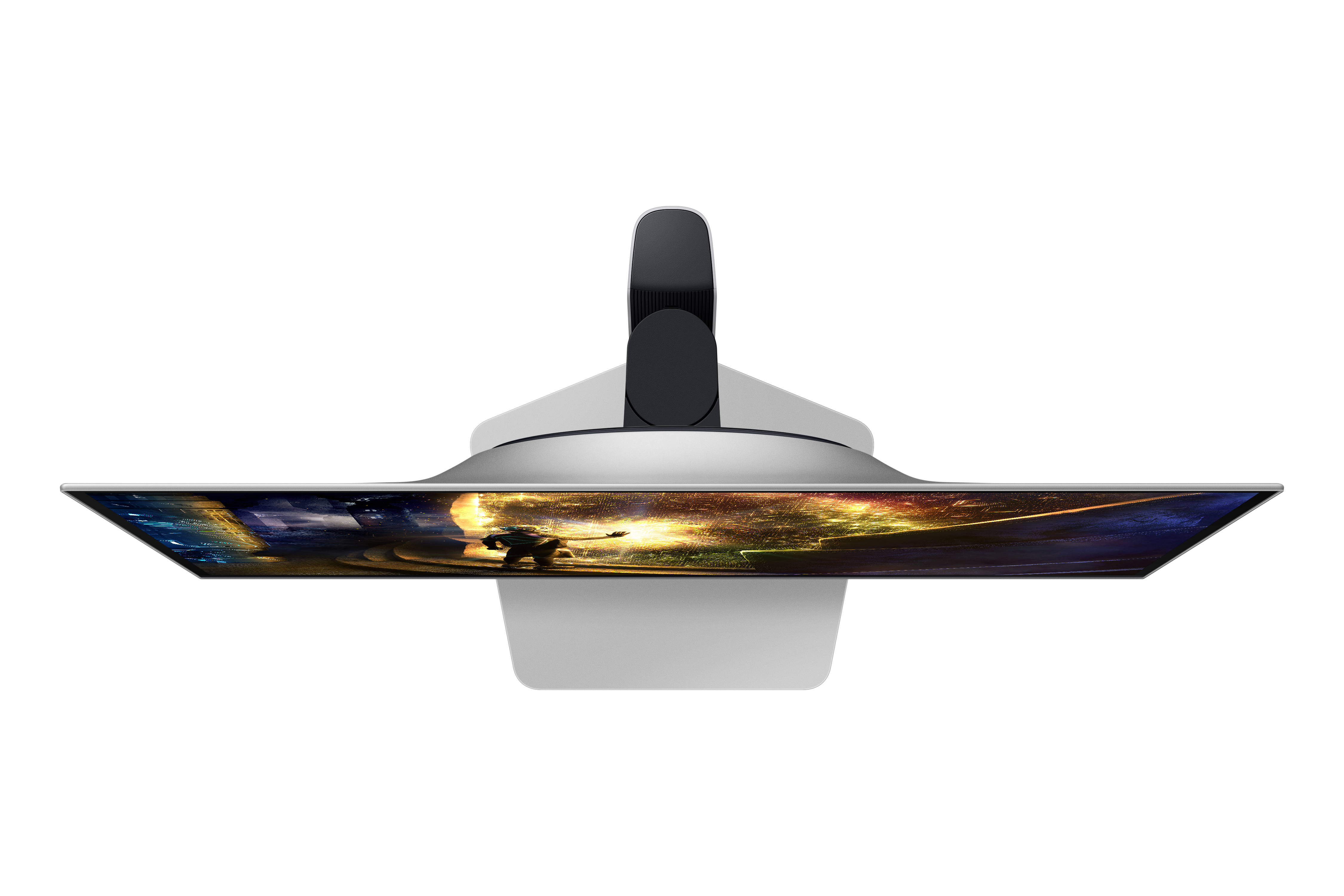 Monitor wyświetla futurystyczną scenę miasta z postacią.