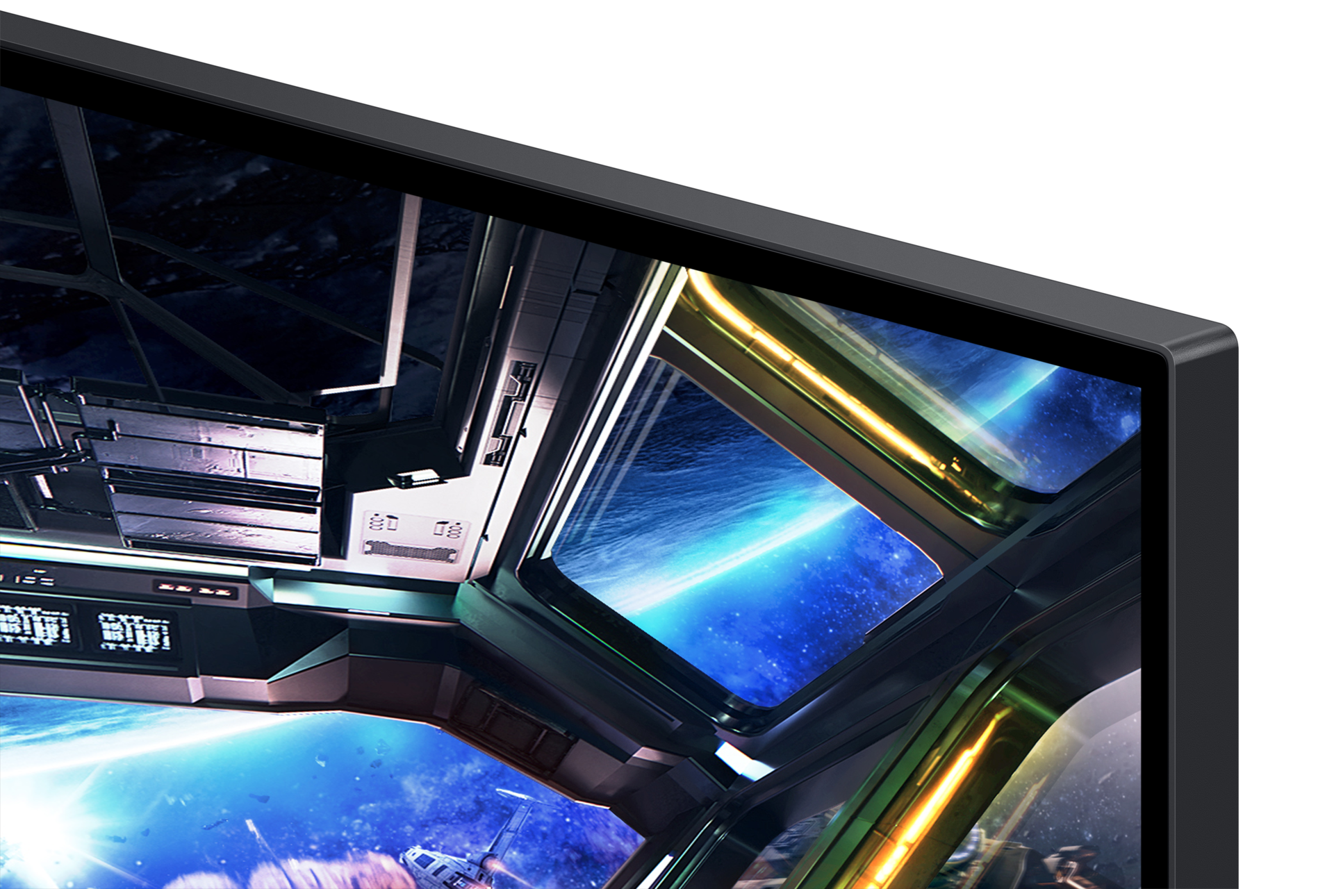 Widok z statku kosmicznego na Ziemię, z gwiazdami i innym statkiem.