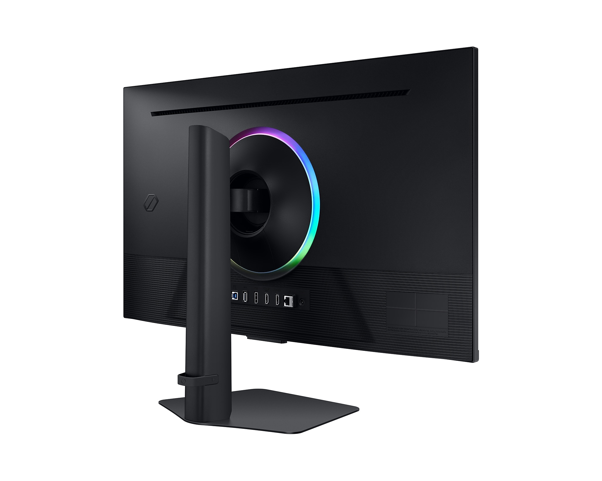 Tył czarnego monitora z oświetleniem RGB i portami.