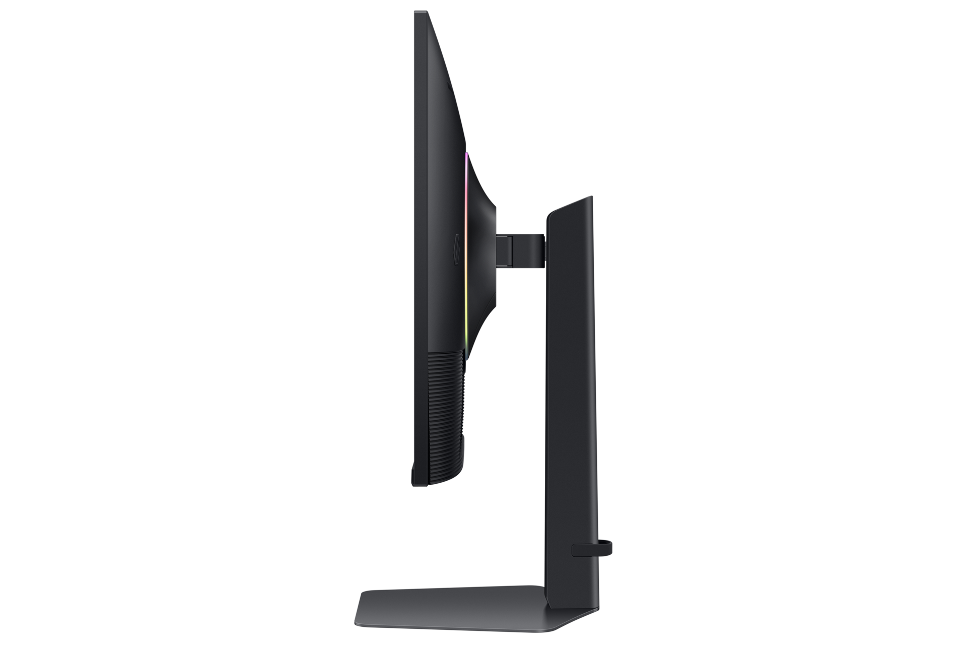 Czarny monitor komputerowy z oświetleniem RGB na stojaku, widziany z boku.