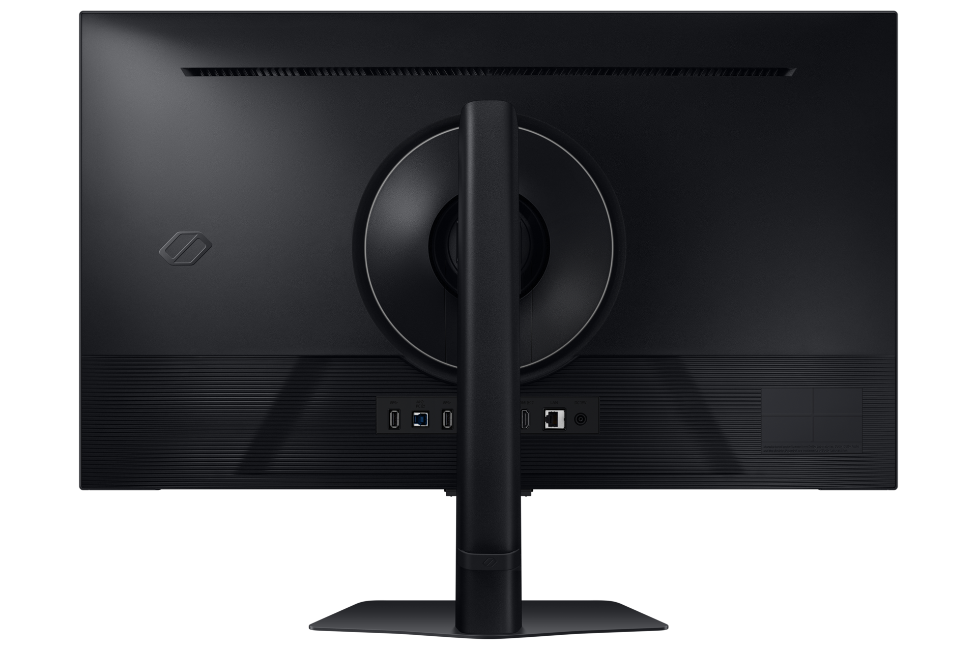 Widok z tyłu czarnego monitora z portami i podstawką. Logo w lewym górnym rogu.