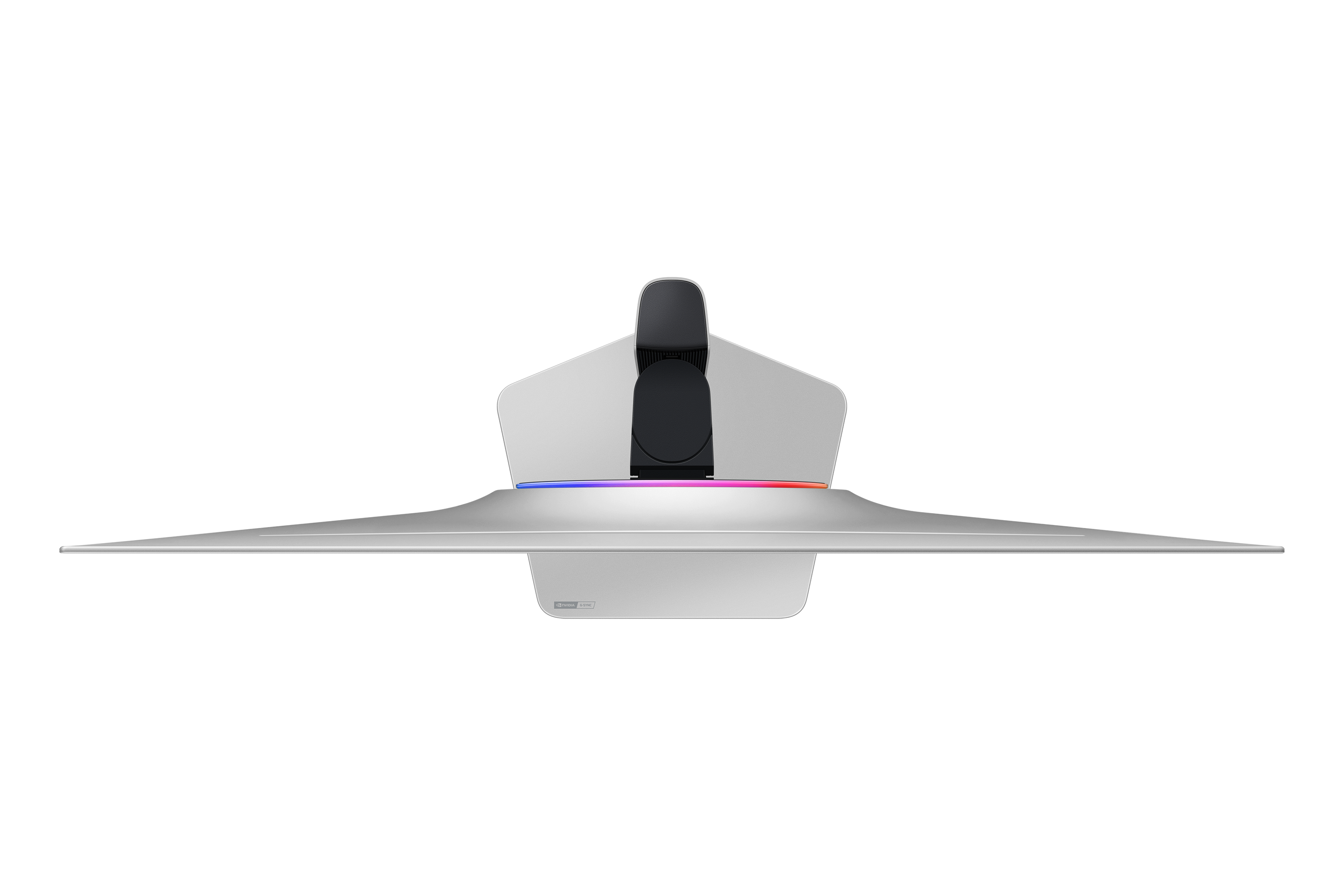 Srebrny stojak monitora z czarnym mocowaniem i kolorowym podświetleniem.