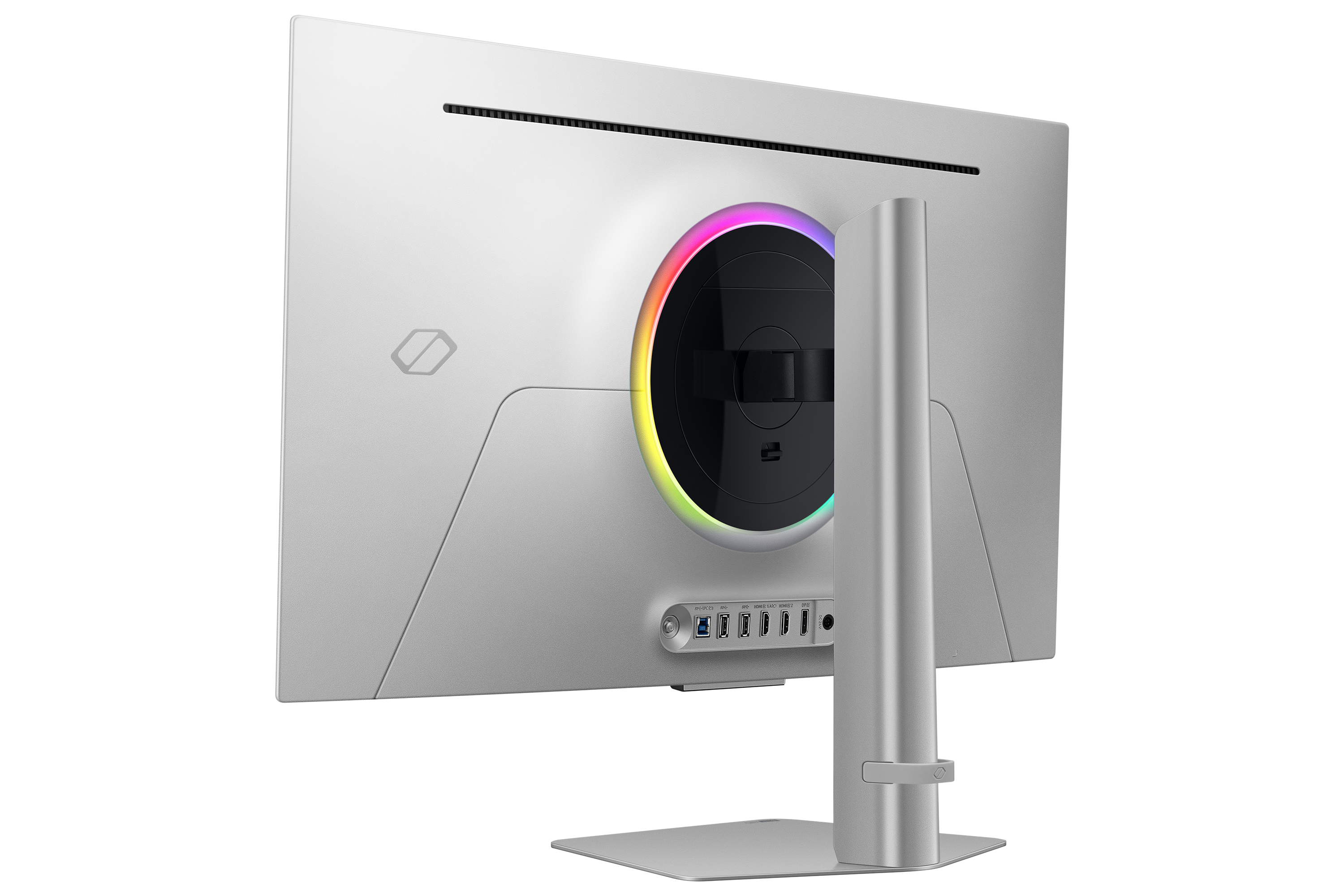 Tył białego monitora z pierścieniowym podświetleniem RGB i portami.
