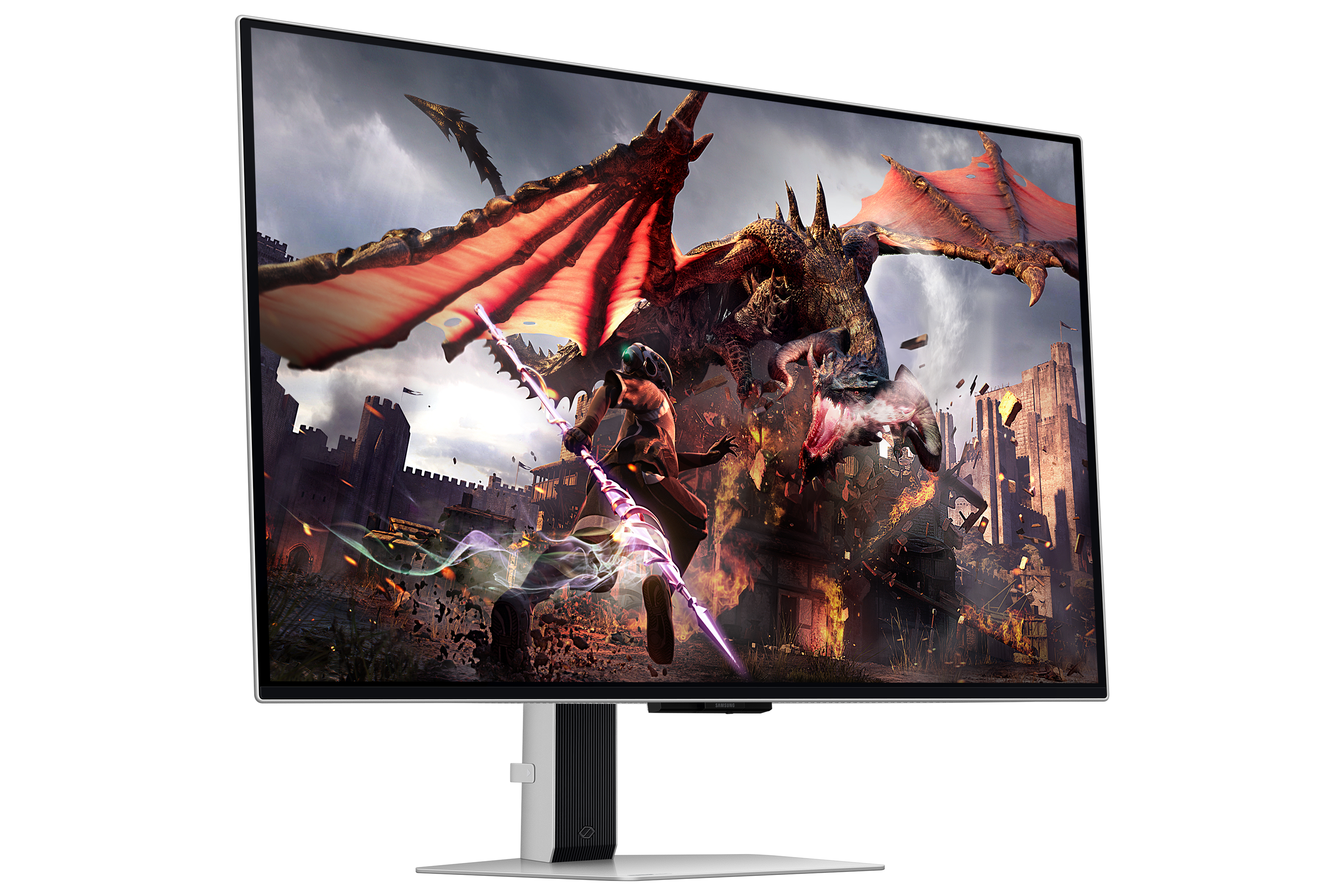 Wojownik walczy ze smokiem przed zamkiem. Akcja w grze.