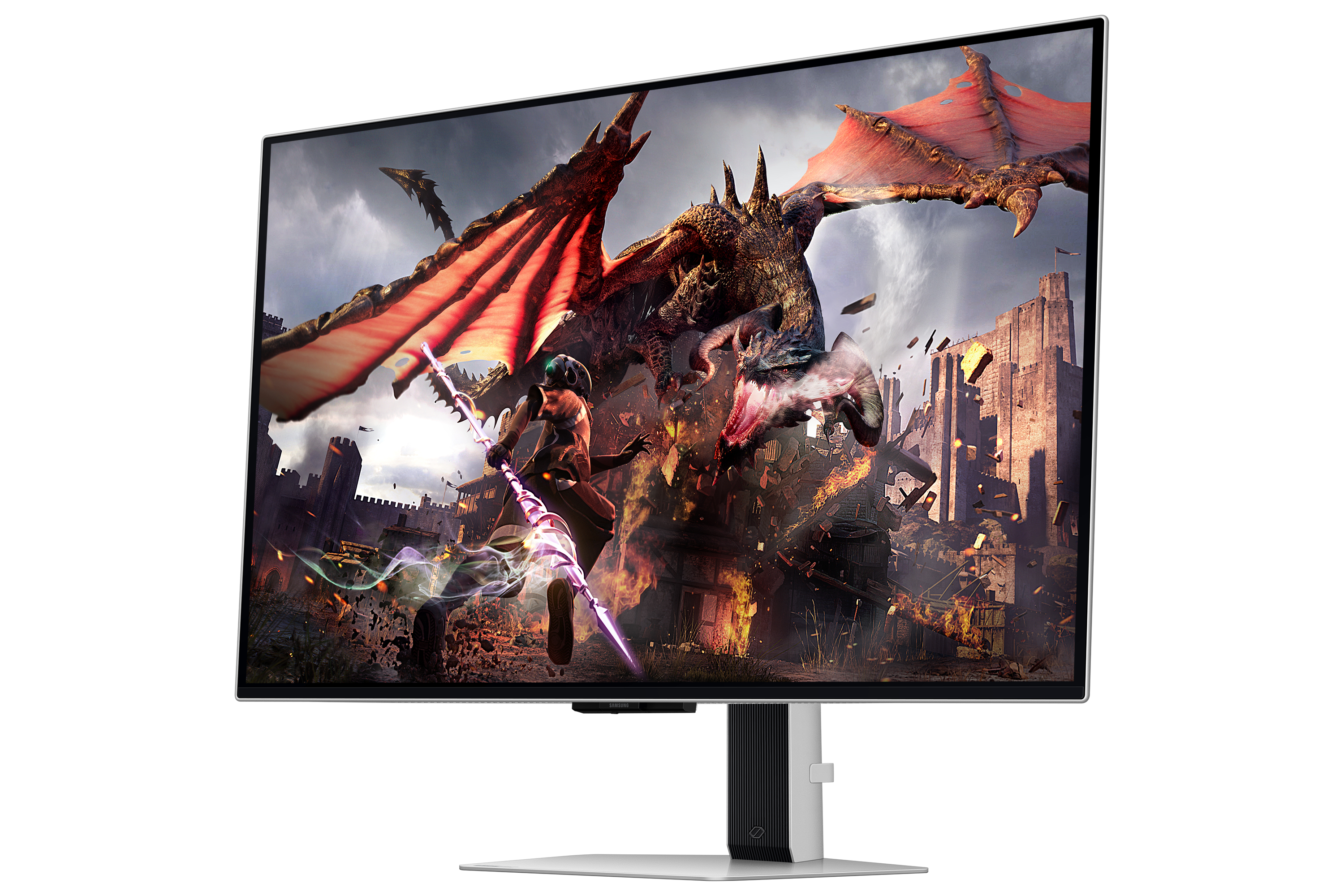 Smok atakuje zamek, podczas gdy wojowniczka z kosturem walczy.