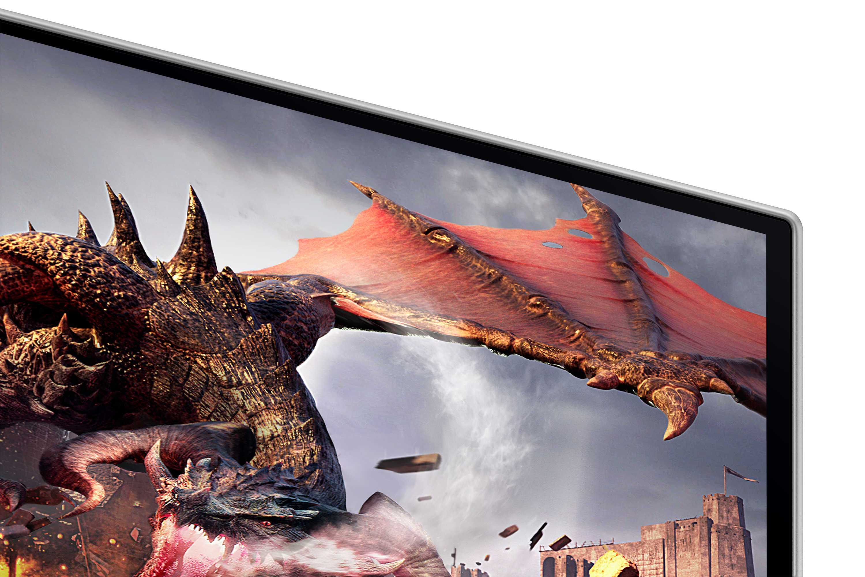 Smok z czerwonymi skrzydłami leci nad zamkiem na niebie.