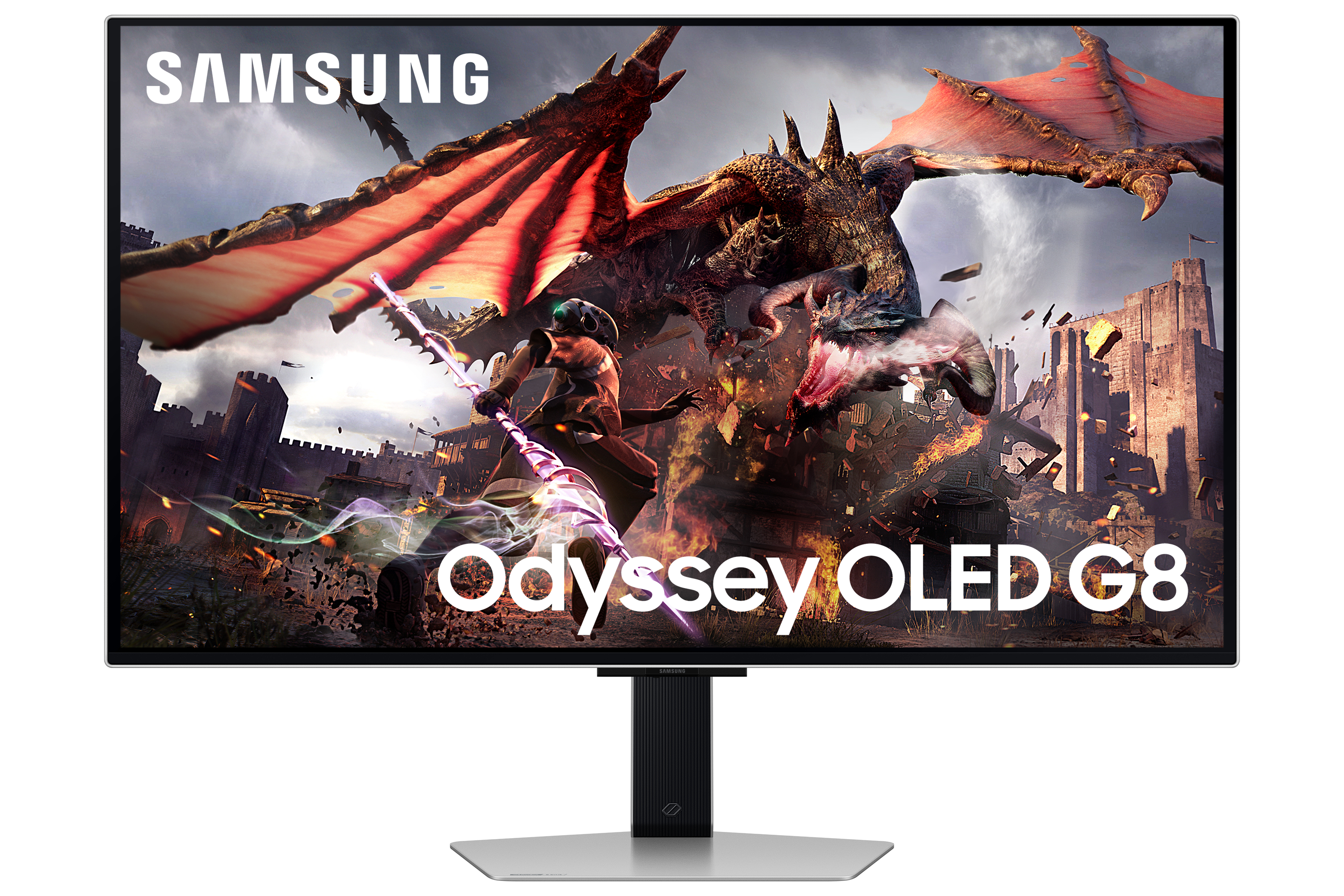 Smok atakuje zamek, wojownik ze świecącym kosturem na pierwszym planie.